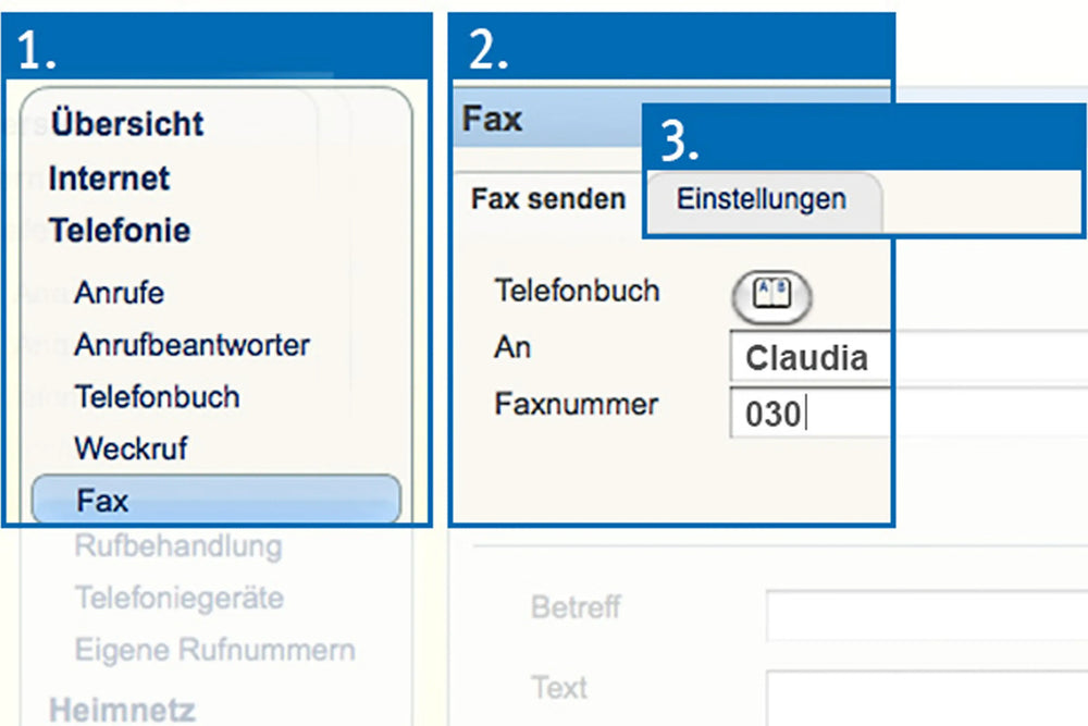Screenshot einer Fax-Anwendung mit Einstellungen und Kontaktdetails, einschließlich Telefonnummer.