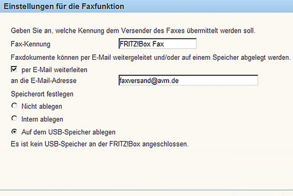Einstellungen für die Faxfunktion der FRITZ!Box, inklusive Fax-Kennung und USB-Speicher Optionen.