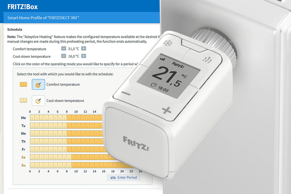 FRITZ!Box intelligente Heizungssteuerung mit Temperatureinstellung und Zeitplan auf einem digitalen Display.
