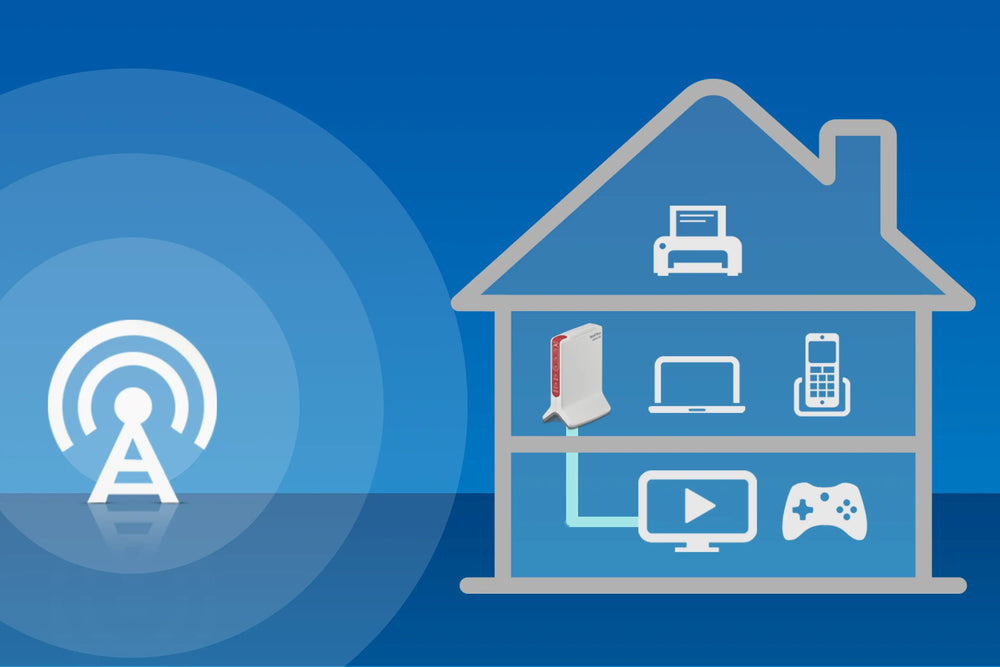 Grafik eines Hauses mit WLAN-Signal, das verschiedene Geräte wie Computer und Spielkonsolen verbindet.
