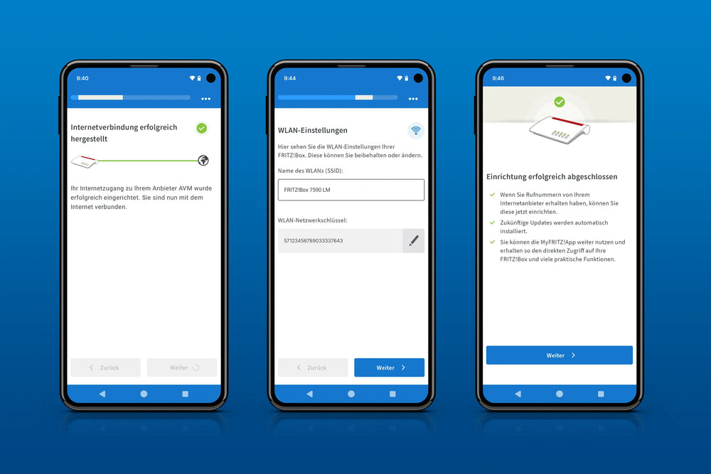 Drei Smartphones zeigen WLAN-Einstellungen und erfolgreiche Internetverbindungseinrichtungen in einer App.