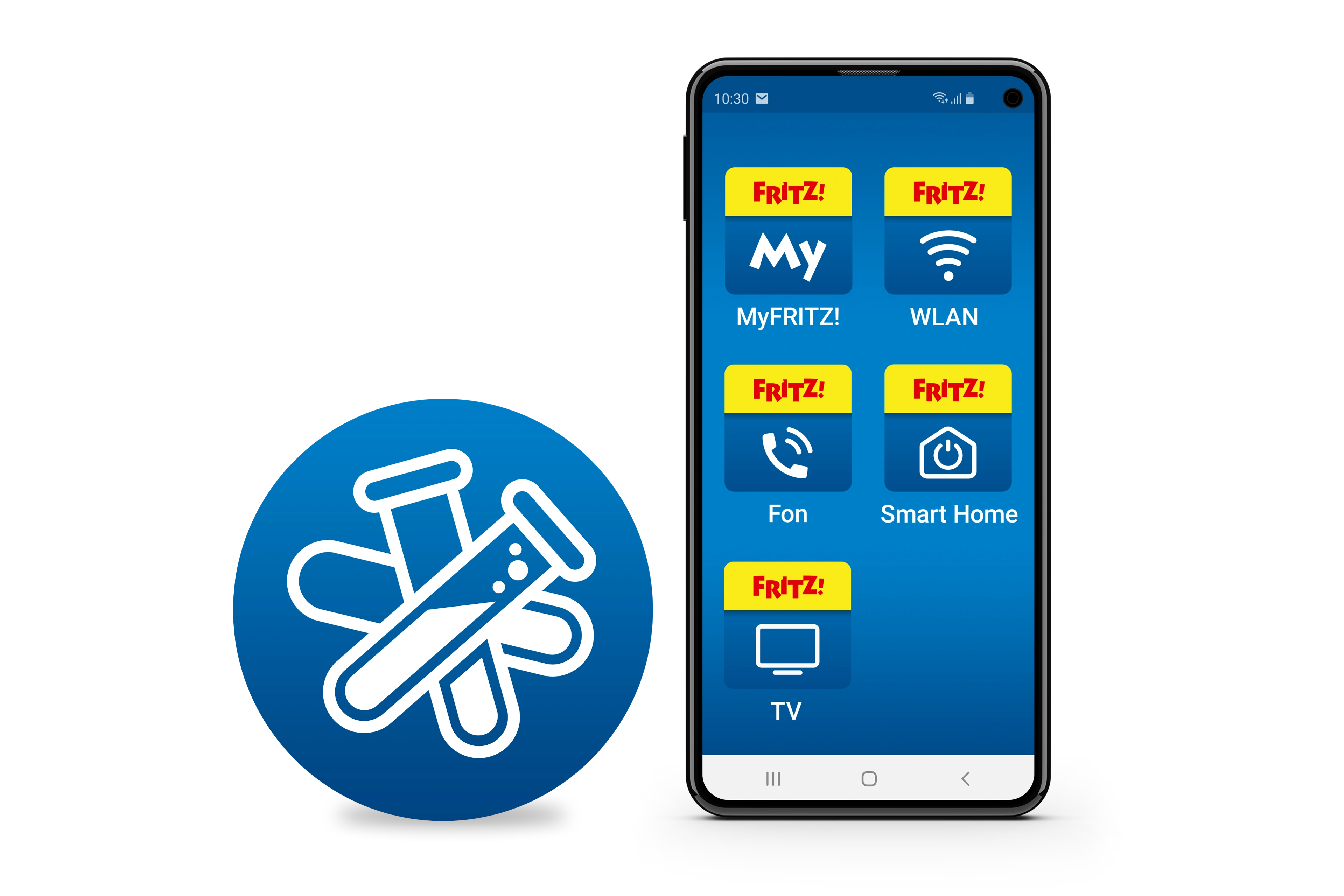 Smartphone mit FRITZ!App, die MyFRITZ!, WLAN, Fon und Smart Home Funktionen zeigt.