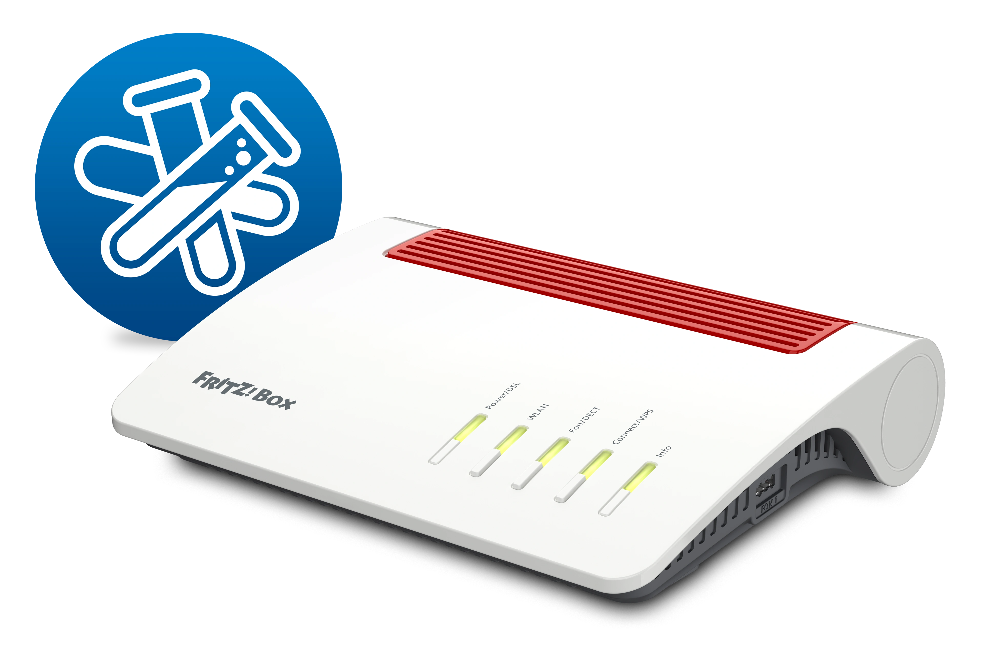 Fritz!Box Router mit WLAN- und Testsymbol, ideal für zuverlässige Internetverbindungen.