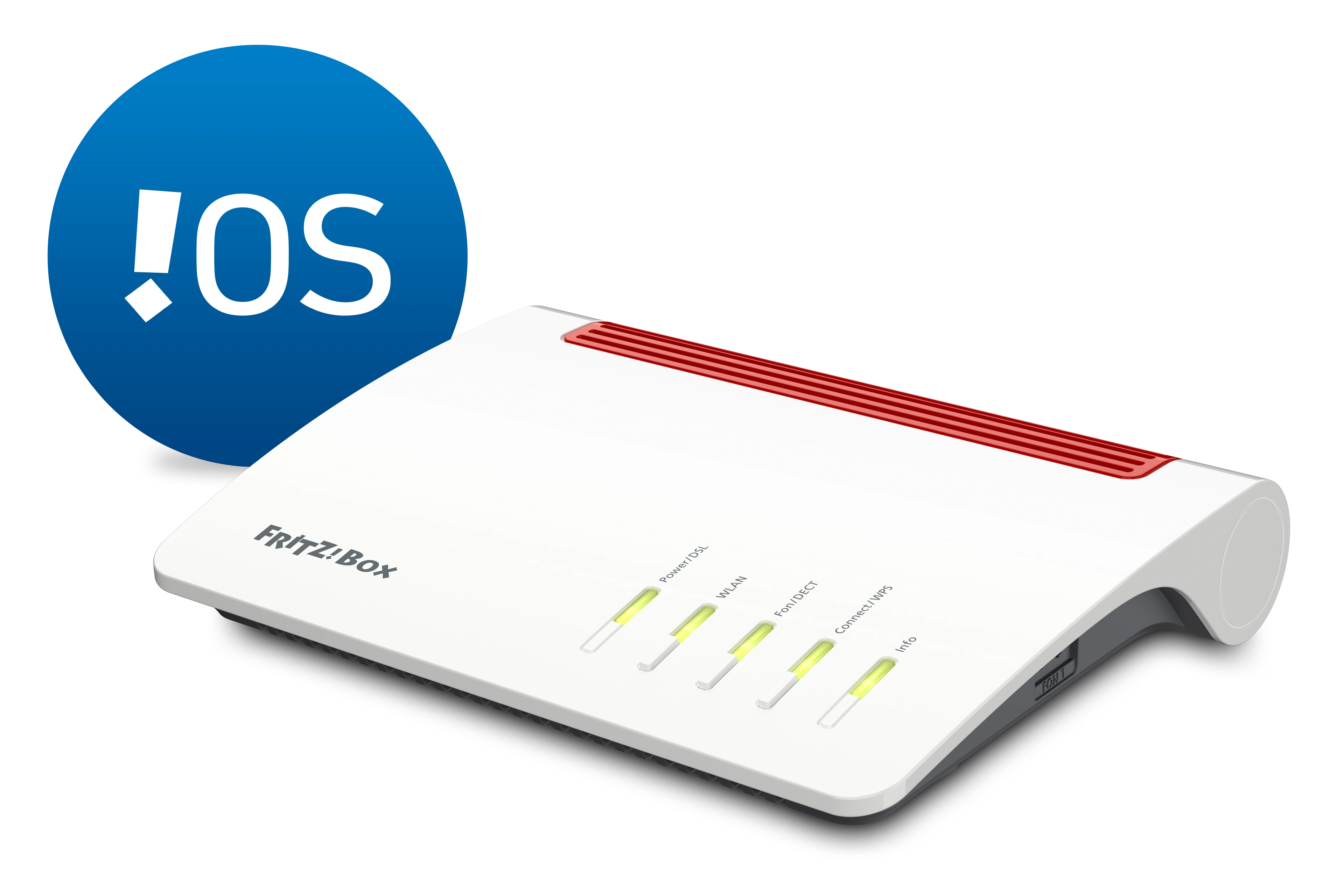 FRITZ!Box Router mit OS-Logo, zeigt die Verbindungseinstellungen und LED-Anzeigen für Internetzugang.