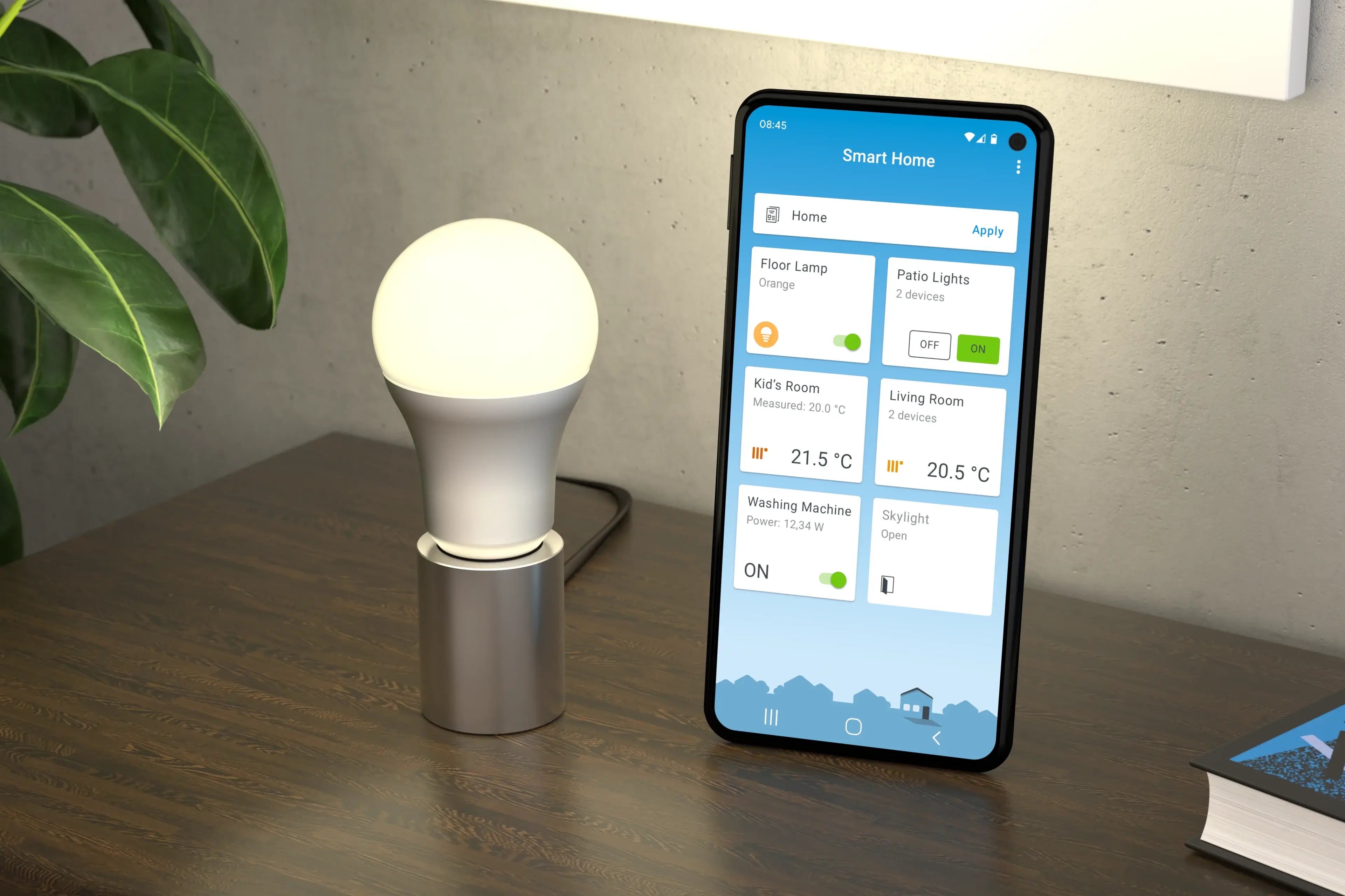 Smartphone zeigt Smart Home Steuerung für Lampen und Geräte neben einer modernen Glühbirne auf einem Tisch.