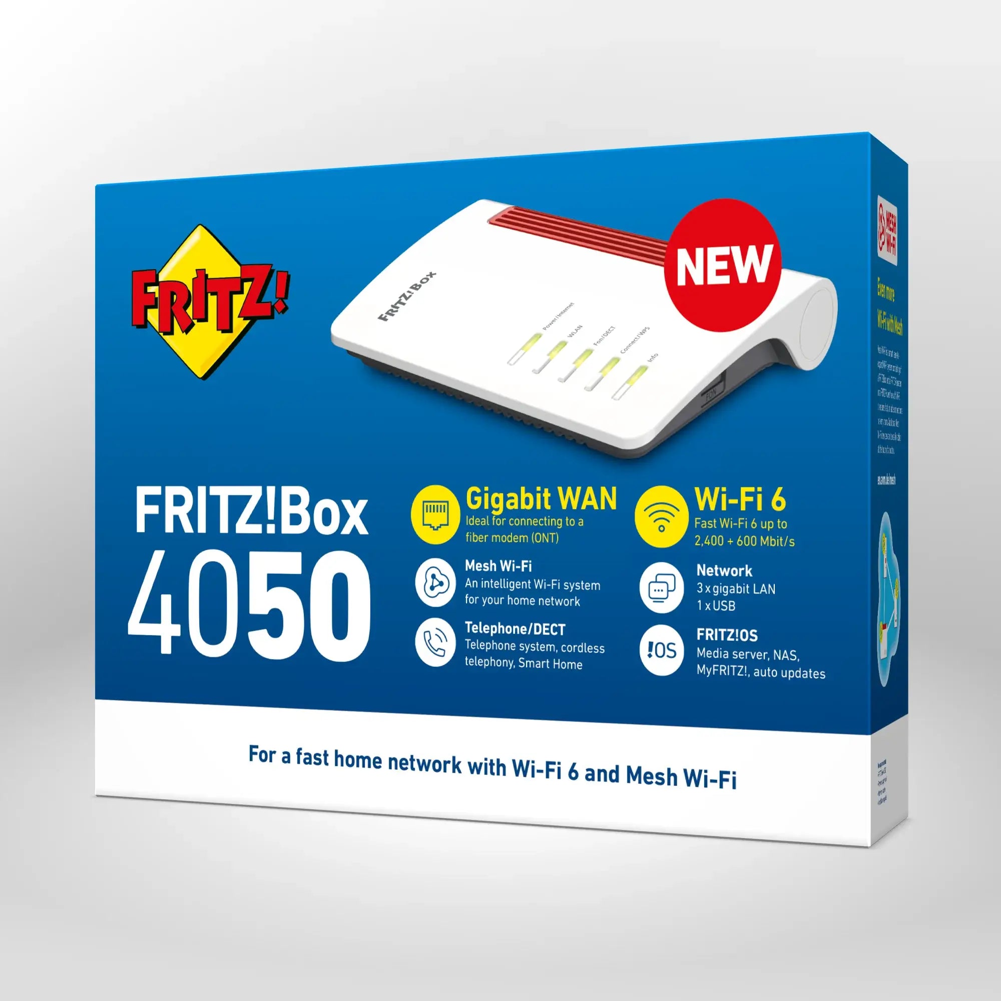 Verpackung von FRITZ!Box 4050 auf grauem Hintergrund