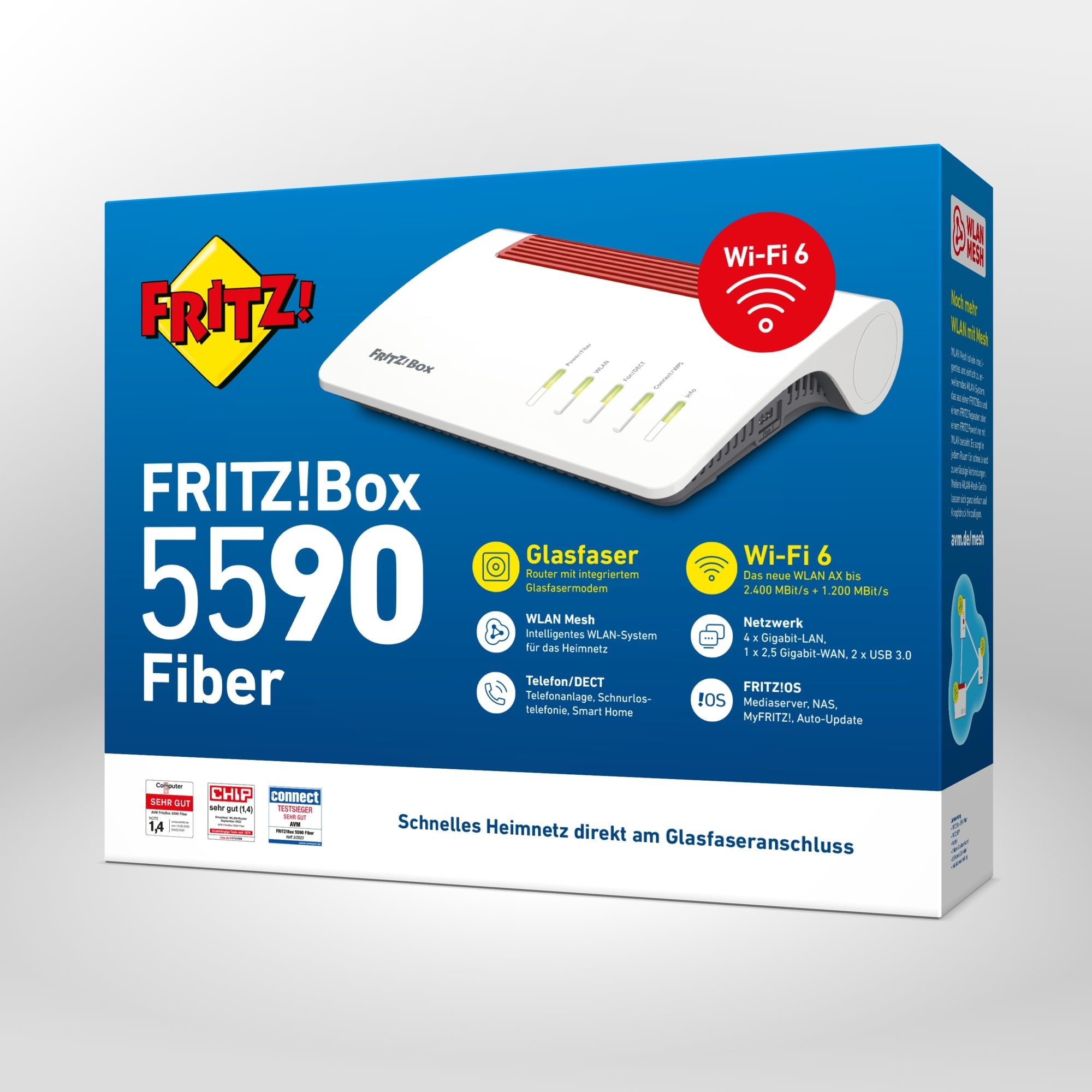 Verpackung von FRITZ!Box 5590 Fiber auf grauem Hintergrund