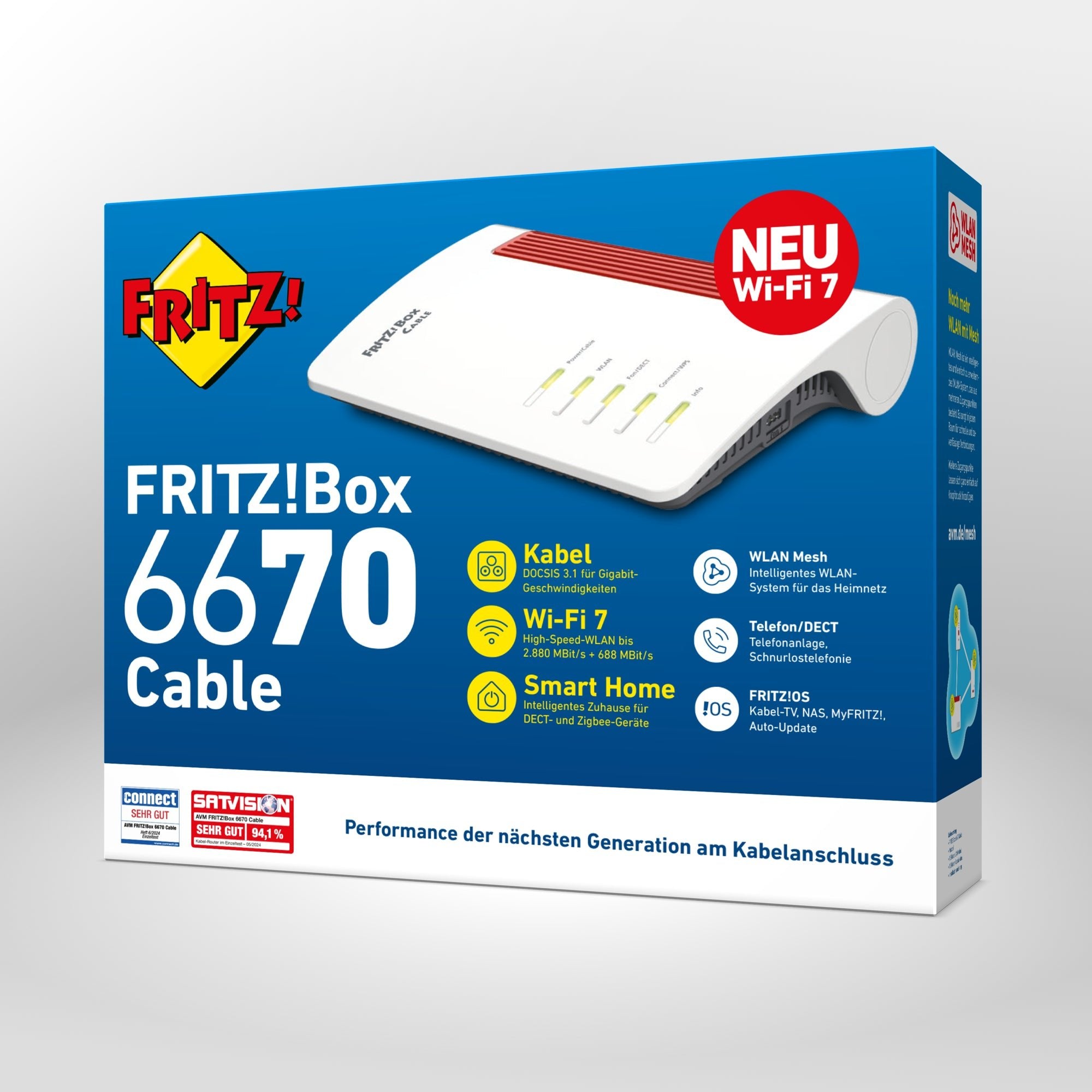 Verpackung von FRITZ!Box 6670 Cable auf grauem Hintergrund
