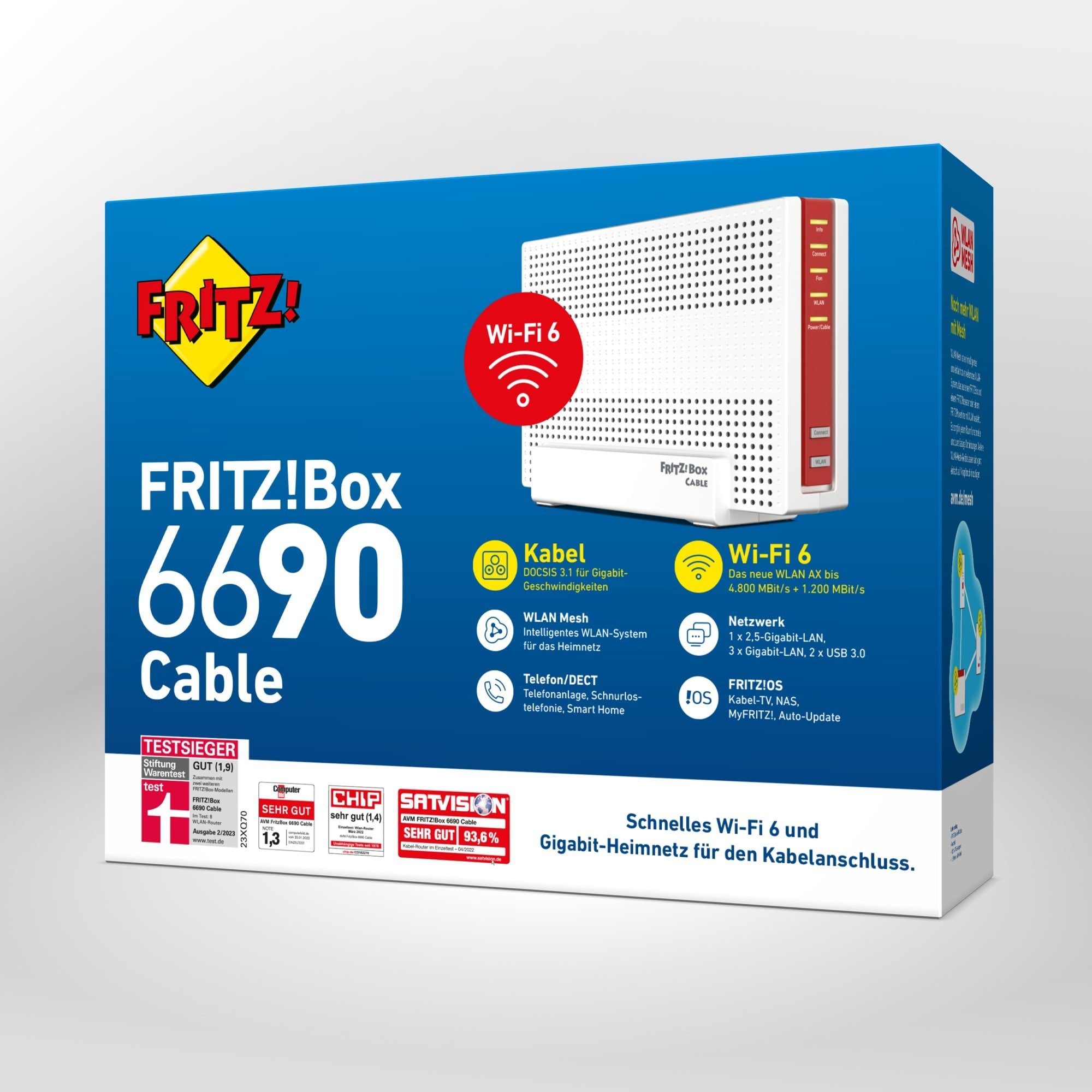 Verpackung von FRITZ!Box 6690 Cable auf grauem Hintergrund