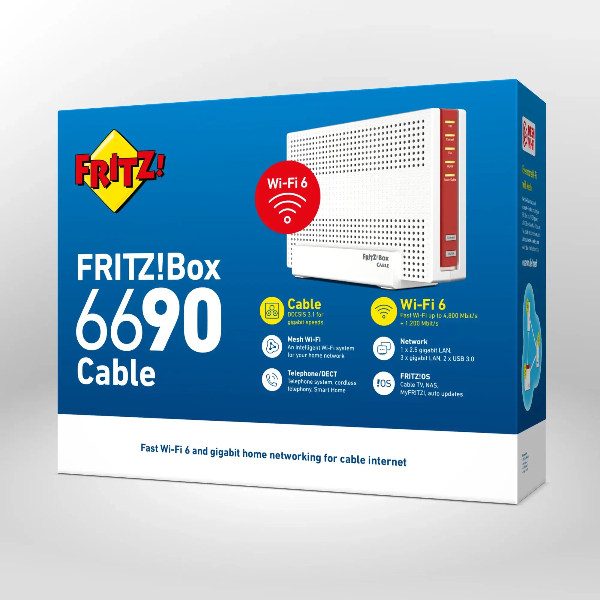 Verpackung von FRITZ!Box 6690 Cable auf grauem Hintergrund