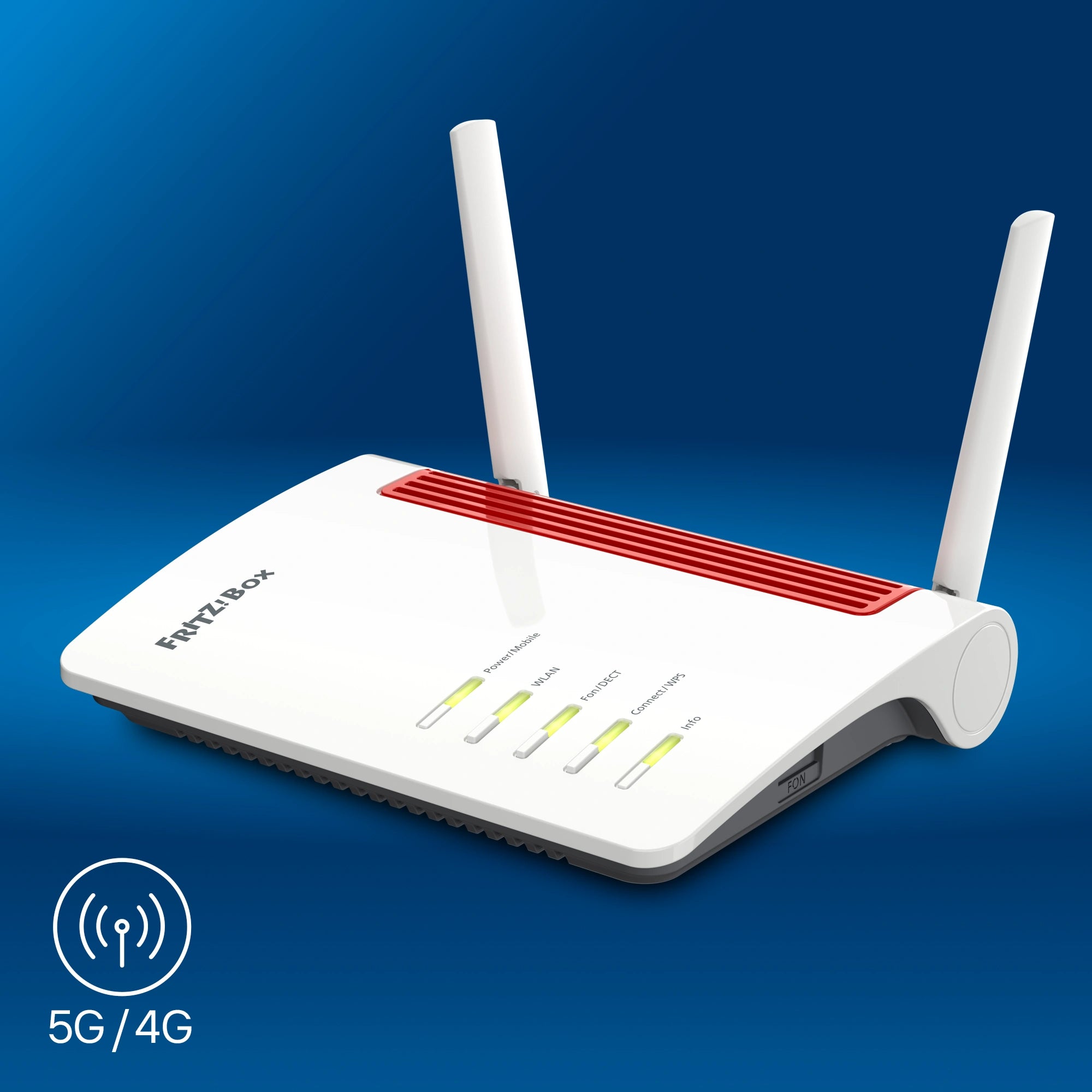 FRITZ!Box 6850 auf blauem Hintergrund mit 5G-Anschluss