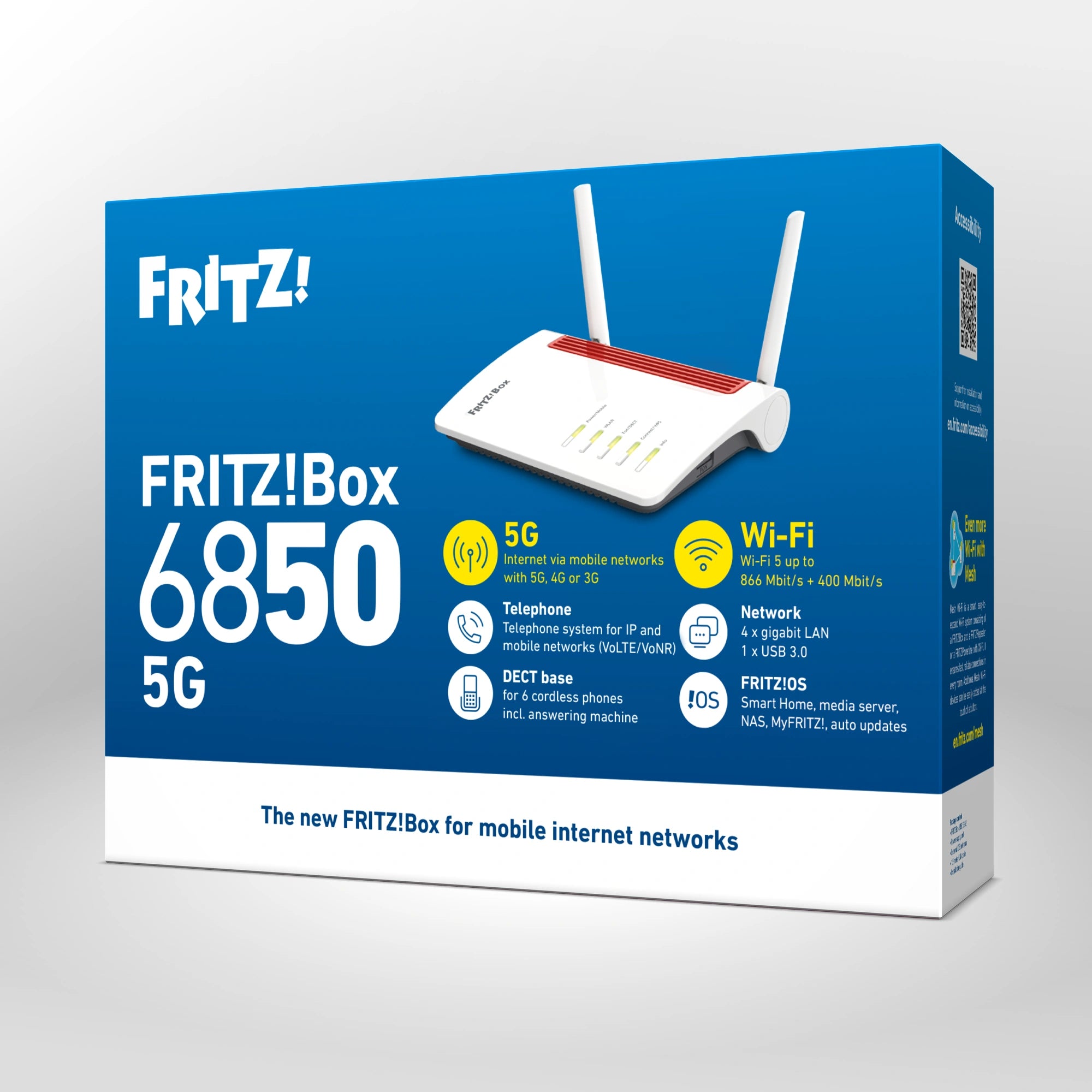 Verpackung von FRITZ!Box 6850 5G auf grauem Hintergrund