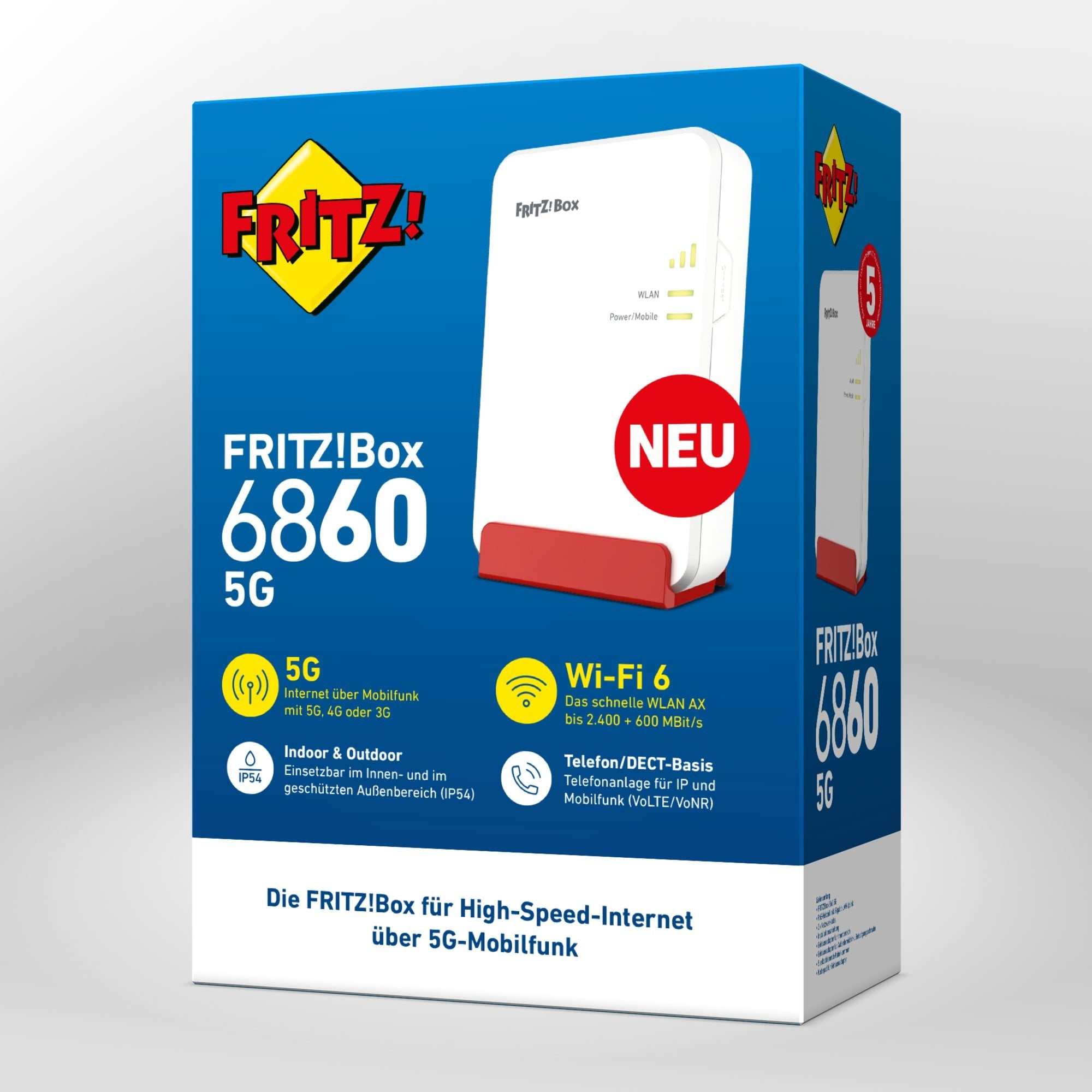 Verpackung von FRITZ!Box 6860 5G auf grauem Hintergrund