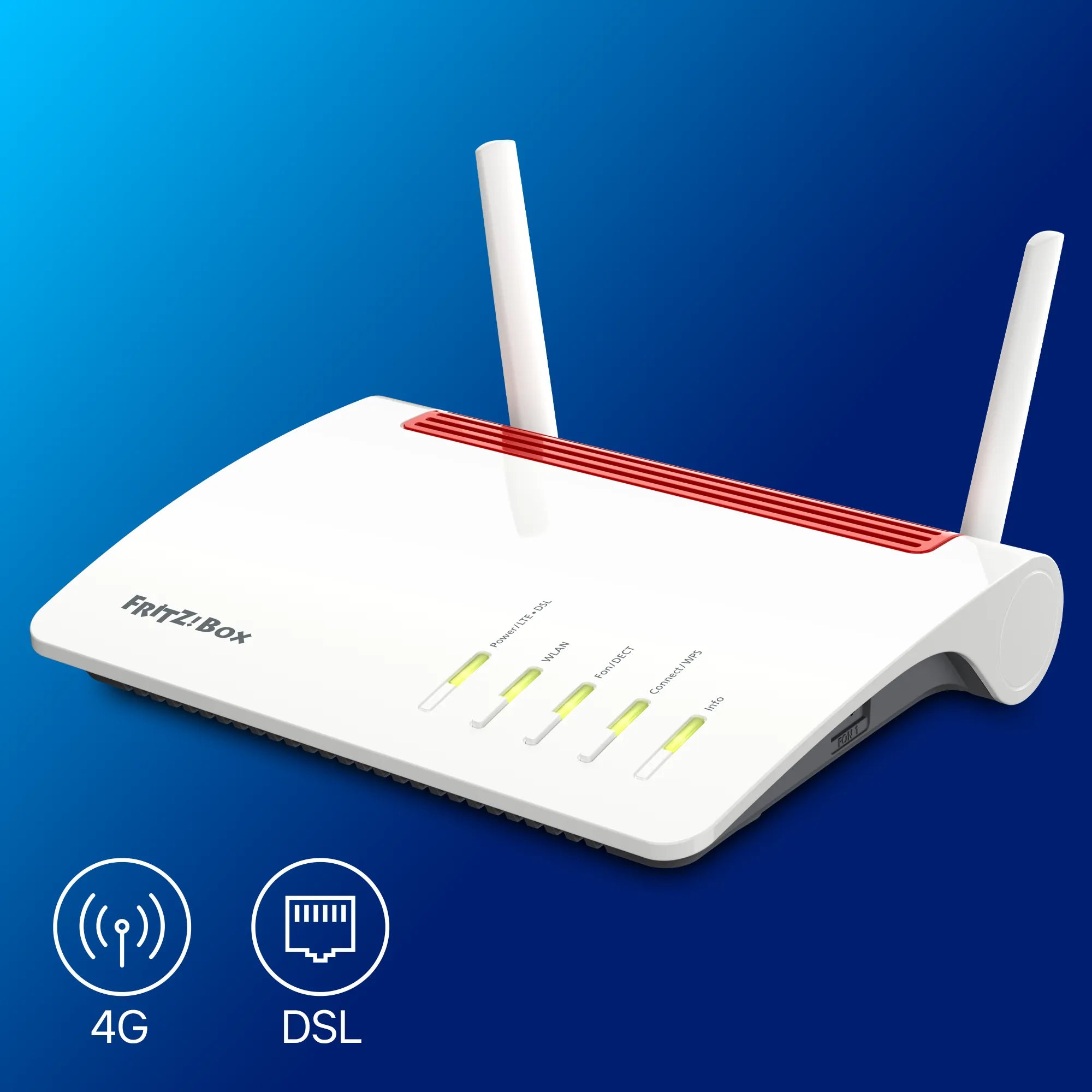 FRITZ!Box 6890 auf blauem Hintergrund mit 4G-Anschluss