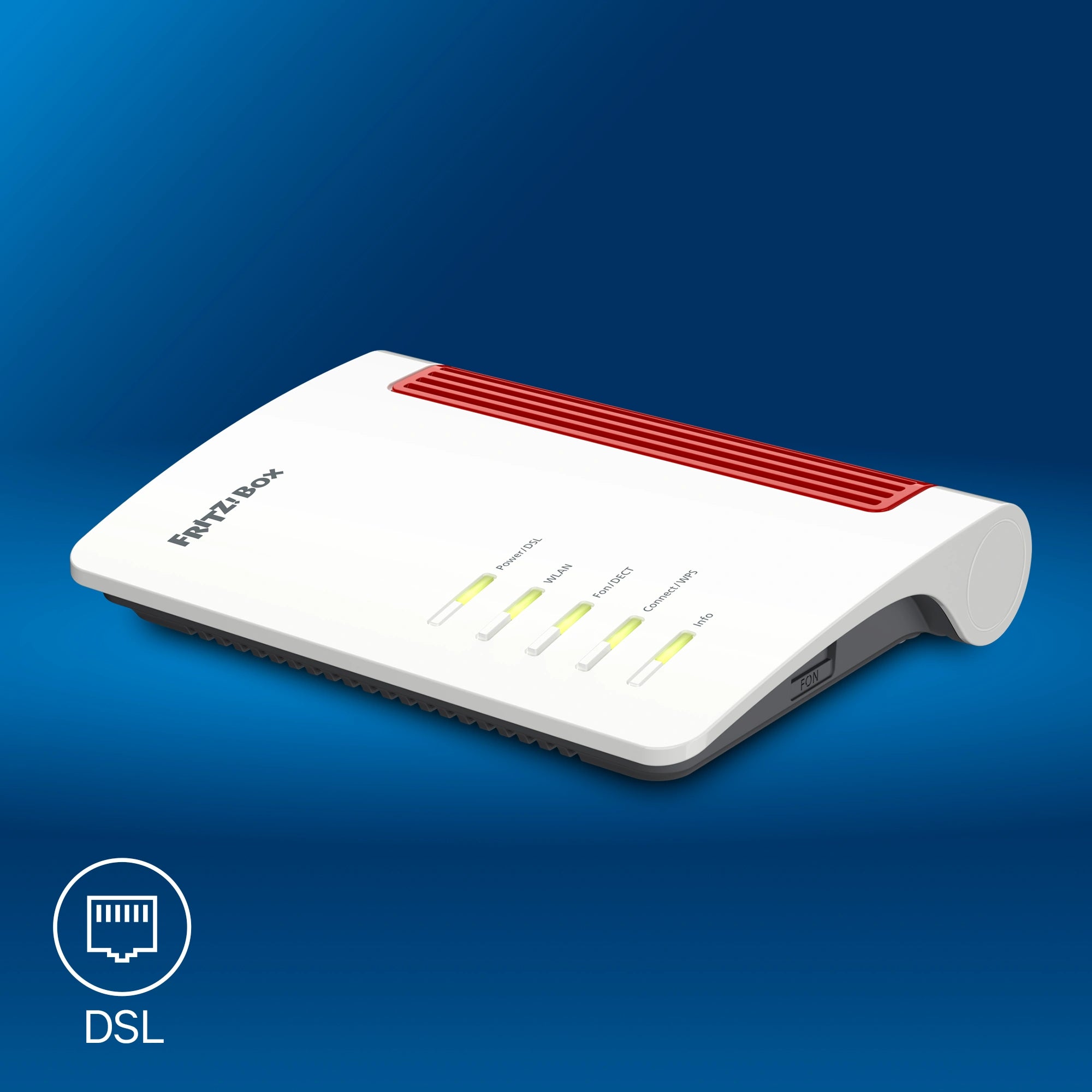 FRITZ!Box 7510 auf blauem Hintergrund mit DSL-Anschlussdose