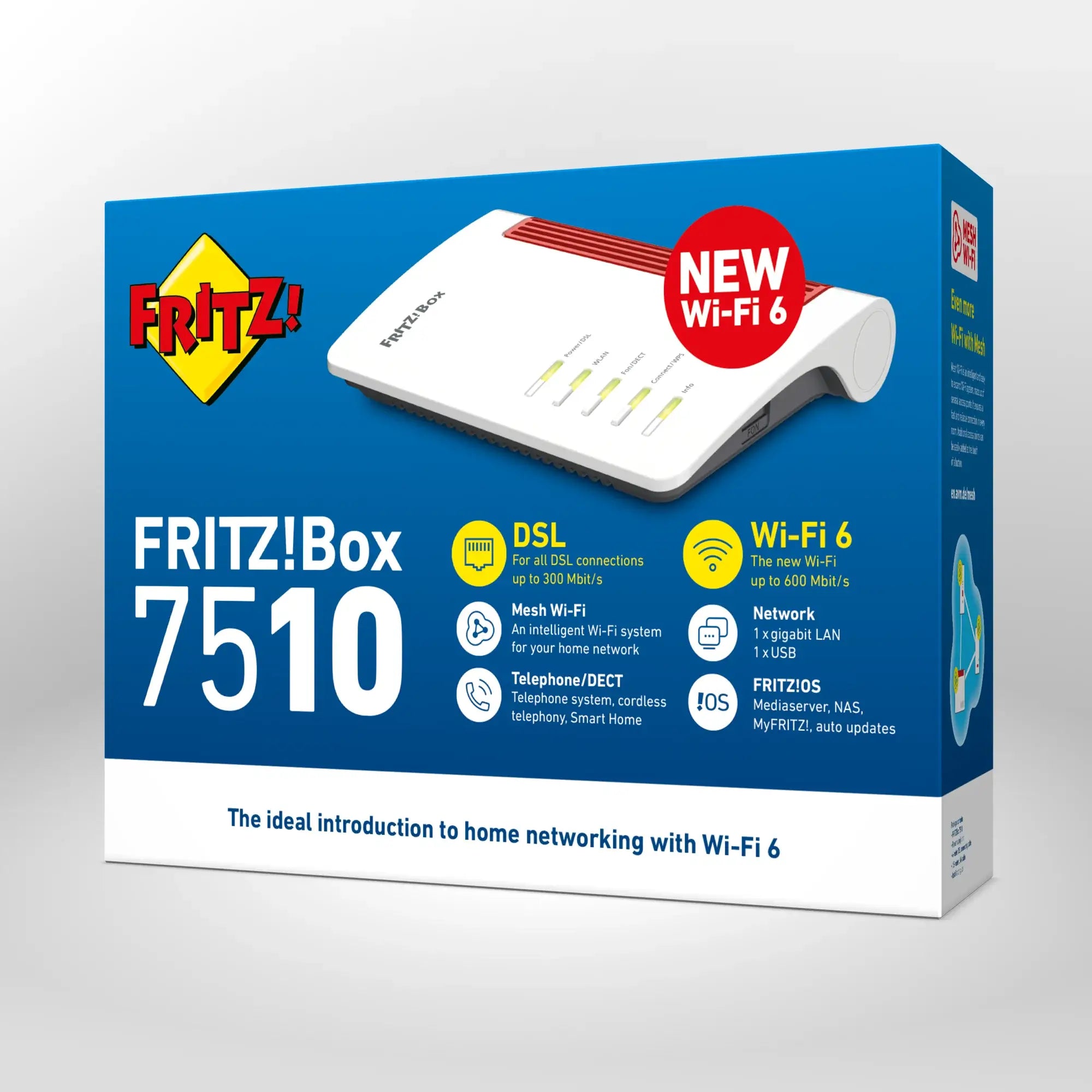 Verpackung von FRITZ!Box 7510 auf grauem Hintergrund