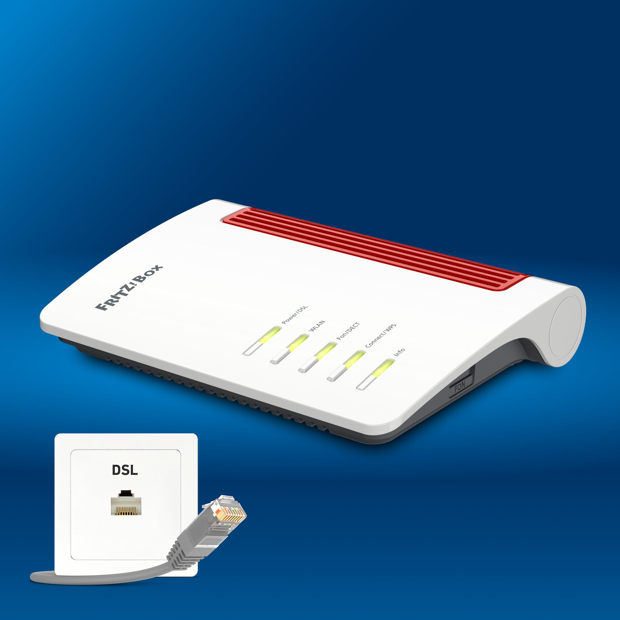 FRITZ!Box 7530 AX auf blauem Hintergrund mit DSL-Anschlussdose