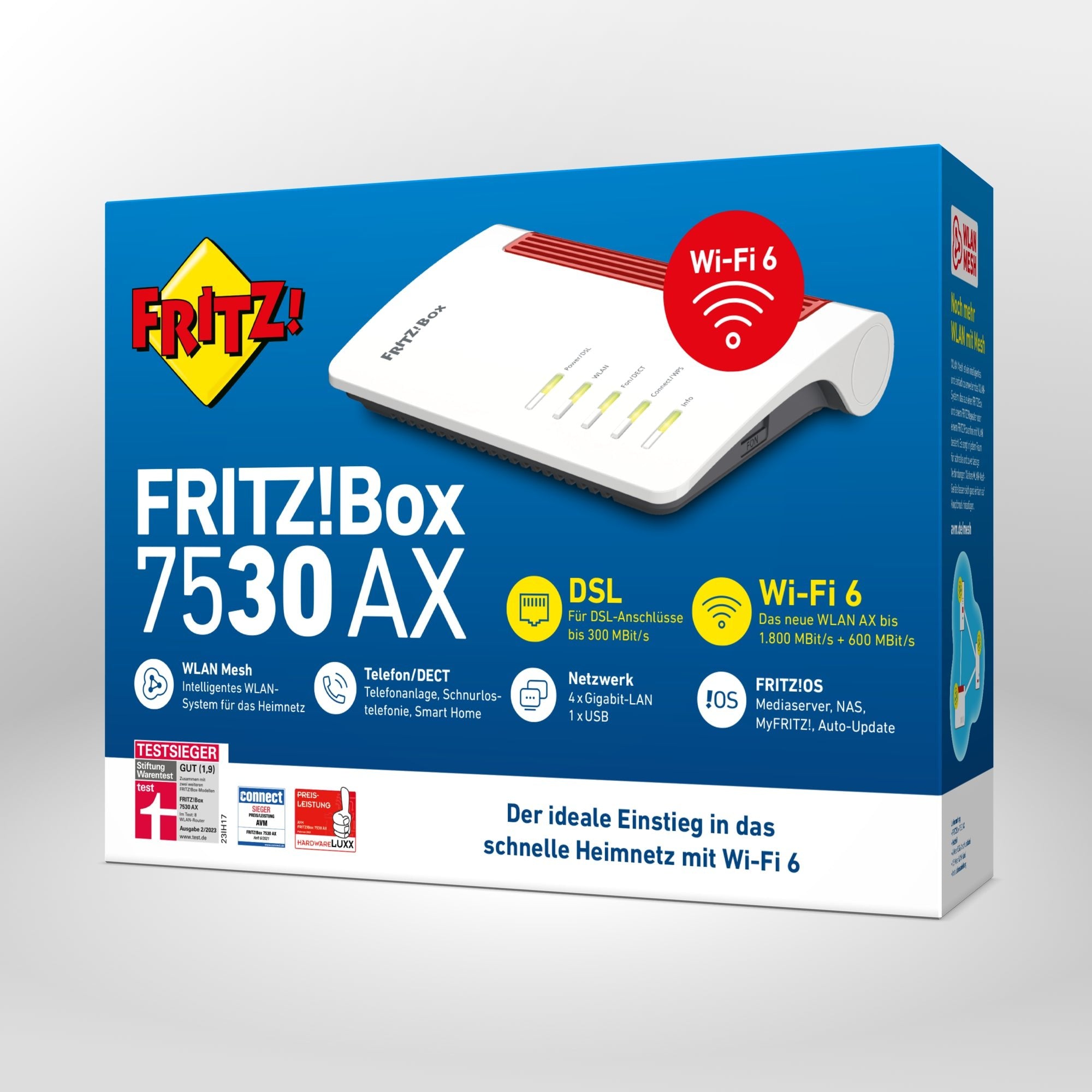 Verpackung von FRITZ!Box 7530 AX auf grauem Hintergrund