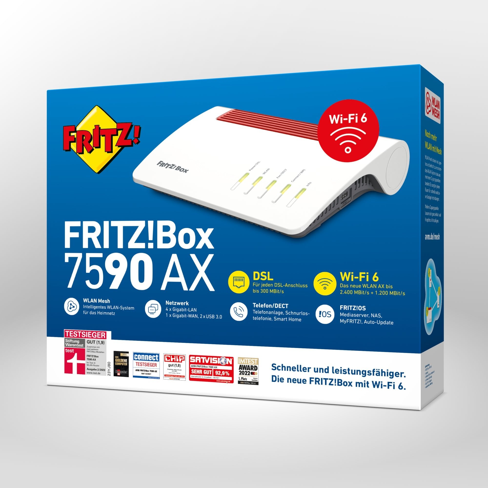 Verpackung von FRITZ!Box 7590 AX auf grauem Hintergrund