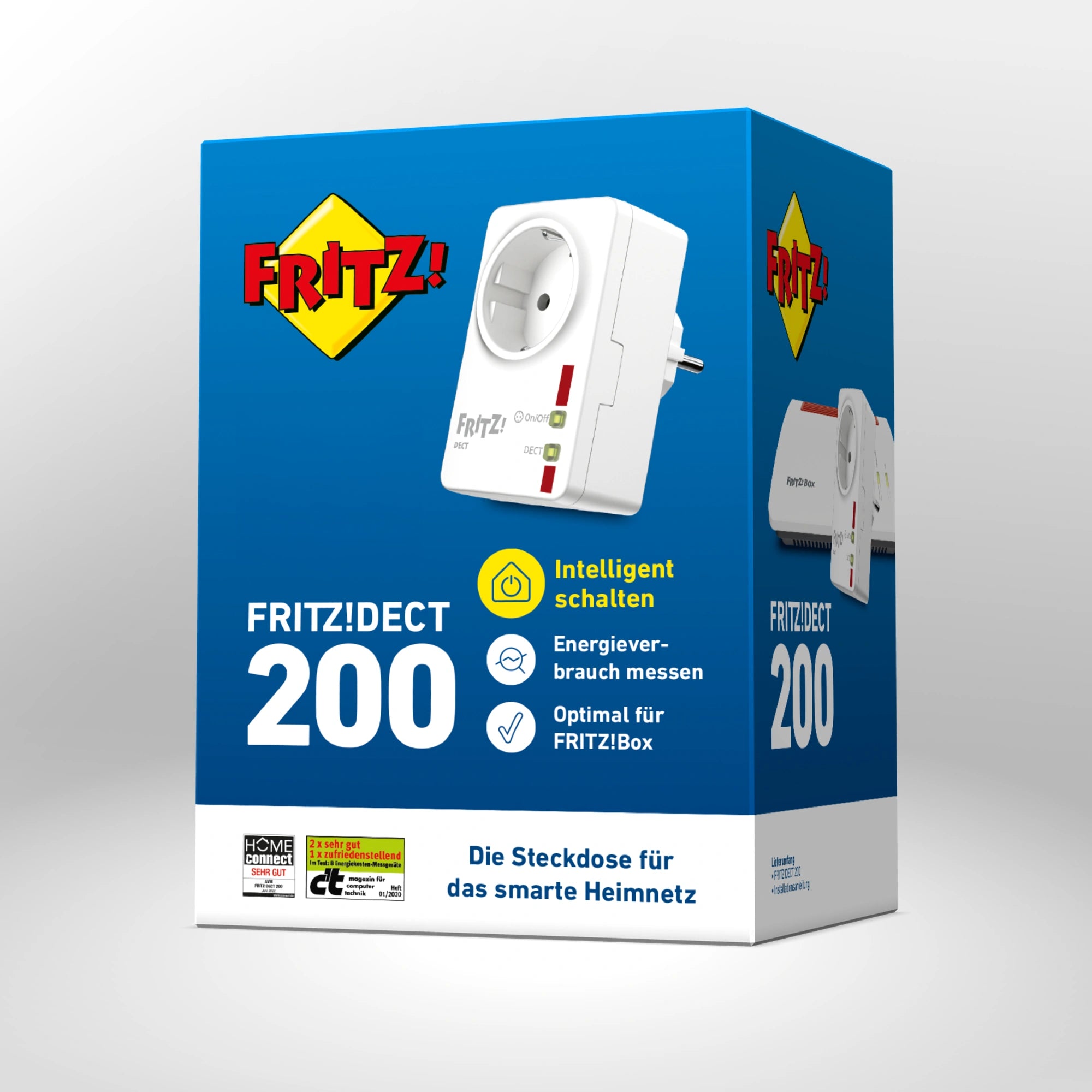 Verpackung von FRITZ!DECT 200 auf grauem Hintergrund