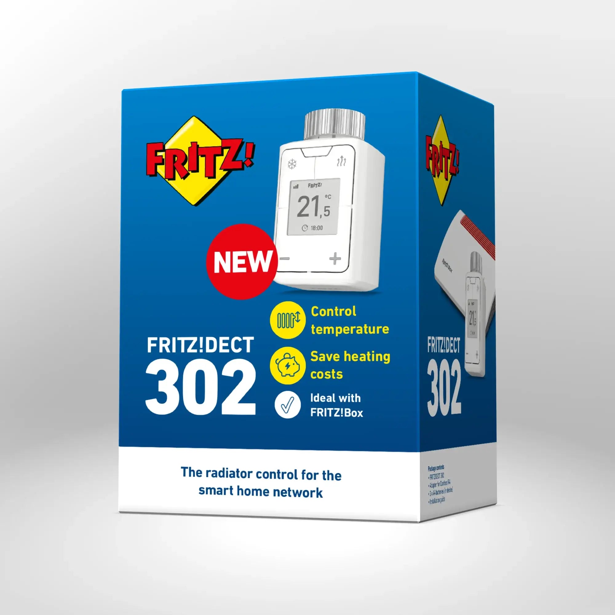 Verpackung von FRITZ!DECT 302 auf grauem Hintergrund