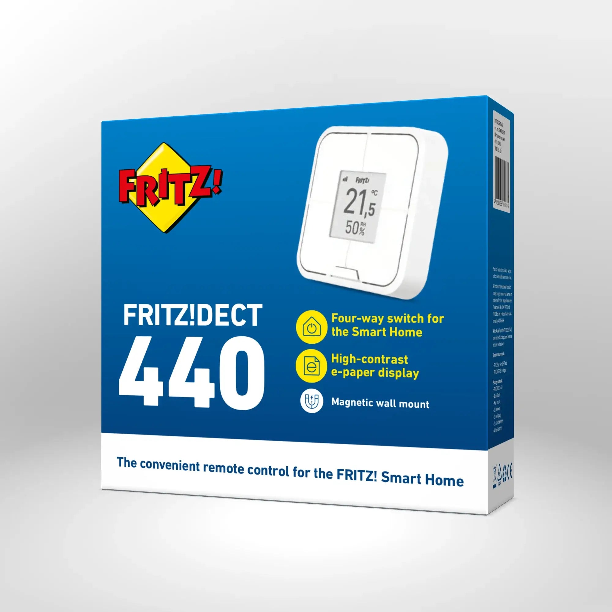 Verpackung von FRITZ!DECT 440 auf grauem Hintergrund