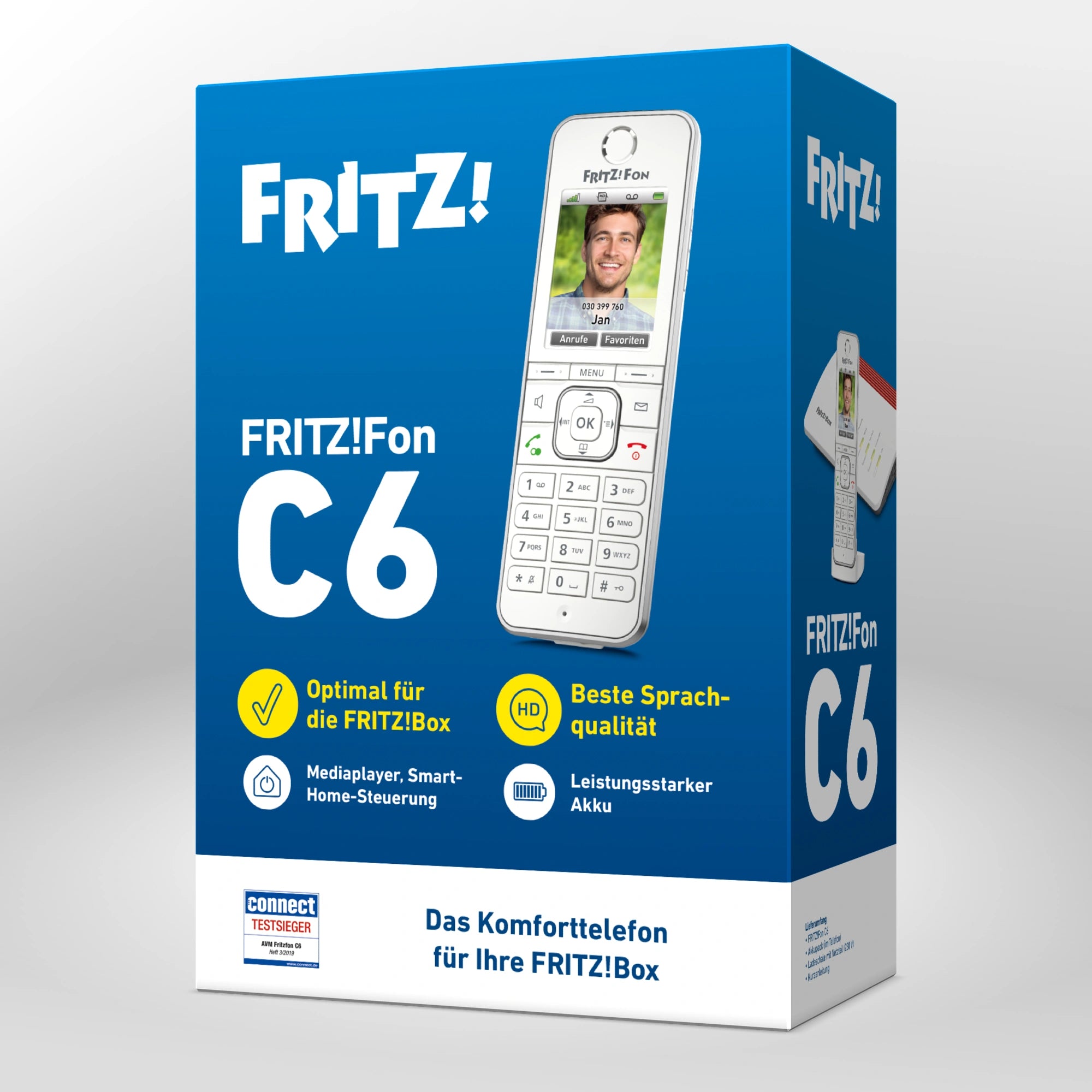 Verpackung von FRITZ!Fon C6 auf grauem Hintergrund