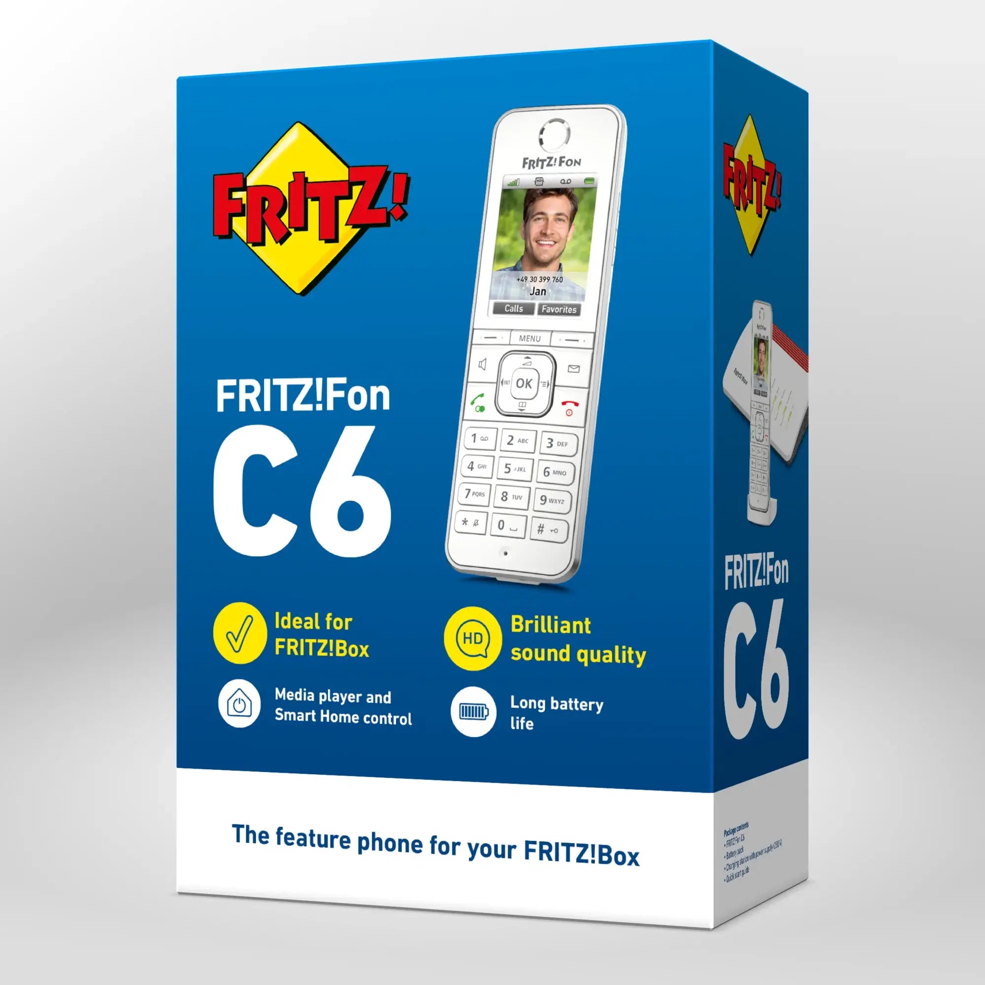 Verpackung von FRITZ!Fon C6 auf grauem Hintergrund