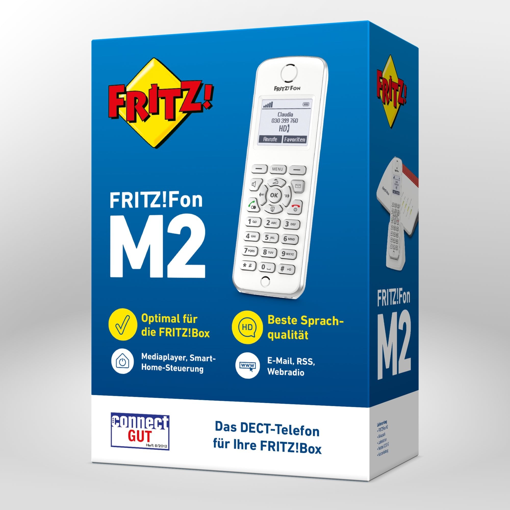 Verpackung von FRITZ!Fon M2 auf grauem Hintergrund