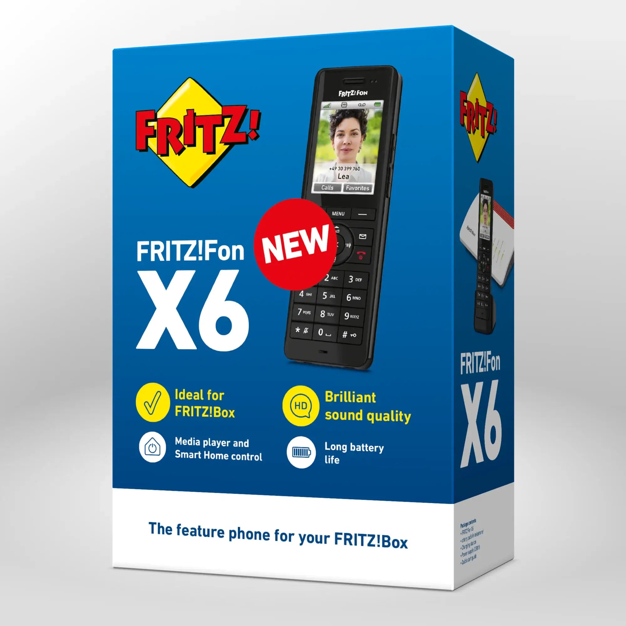 Verpackung von FRITZ!Fon X6 auf grauem Hintergrund