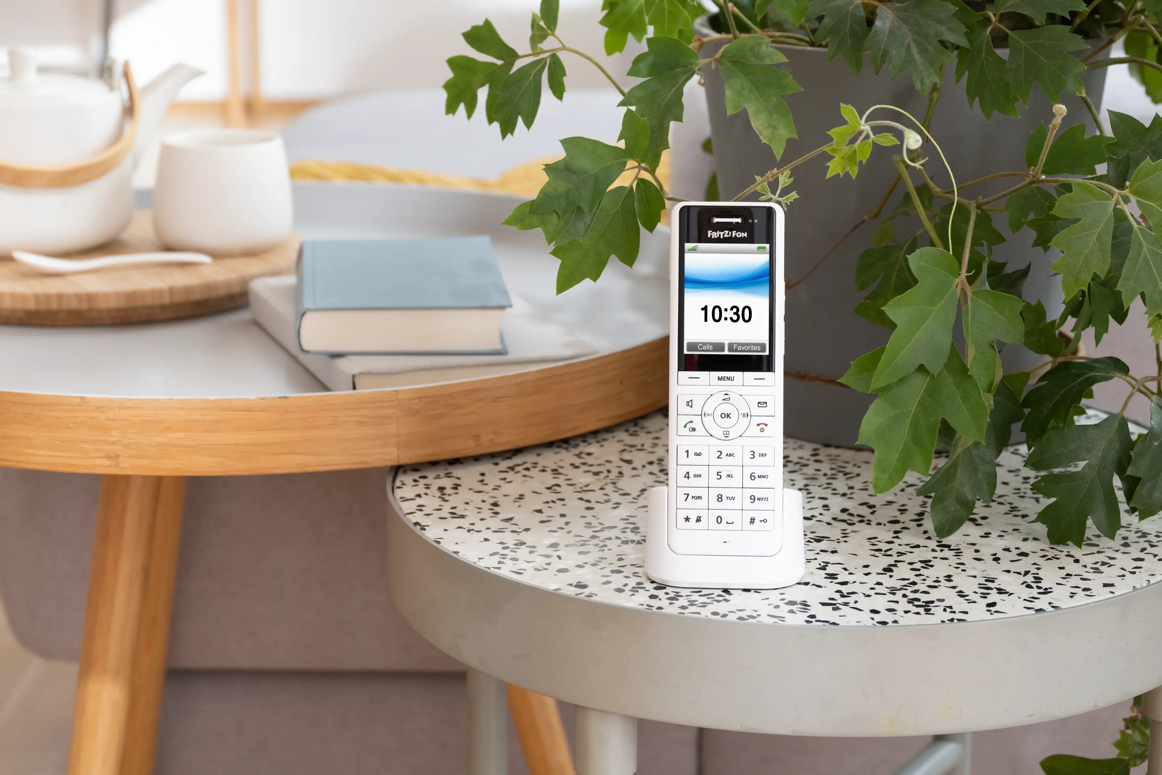 Moderne Telefon auf einem Tisch mit Pflanzen und Büchern, ideal für Zuhause oder Büro. Anzeige zeigt 10:30.