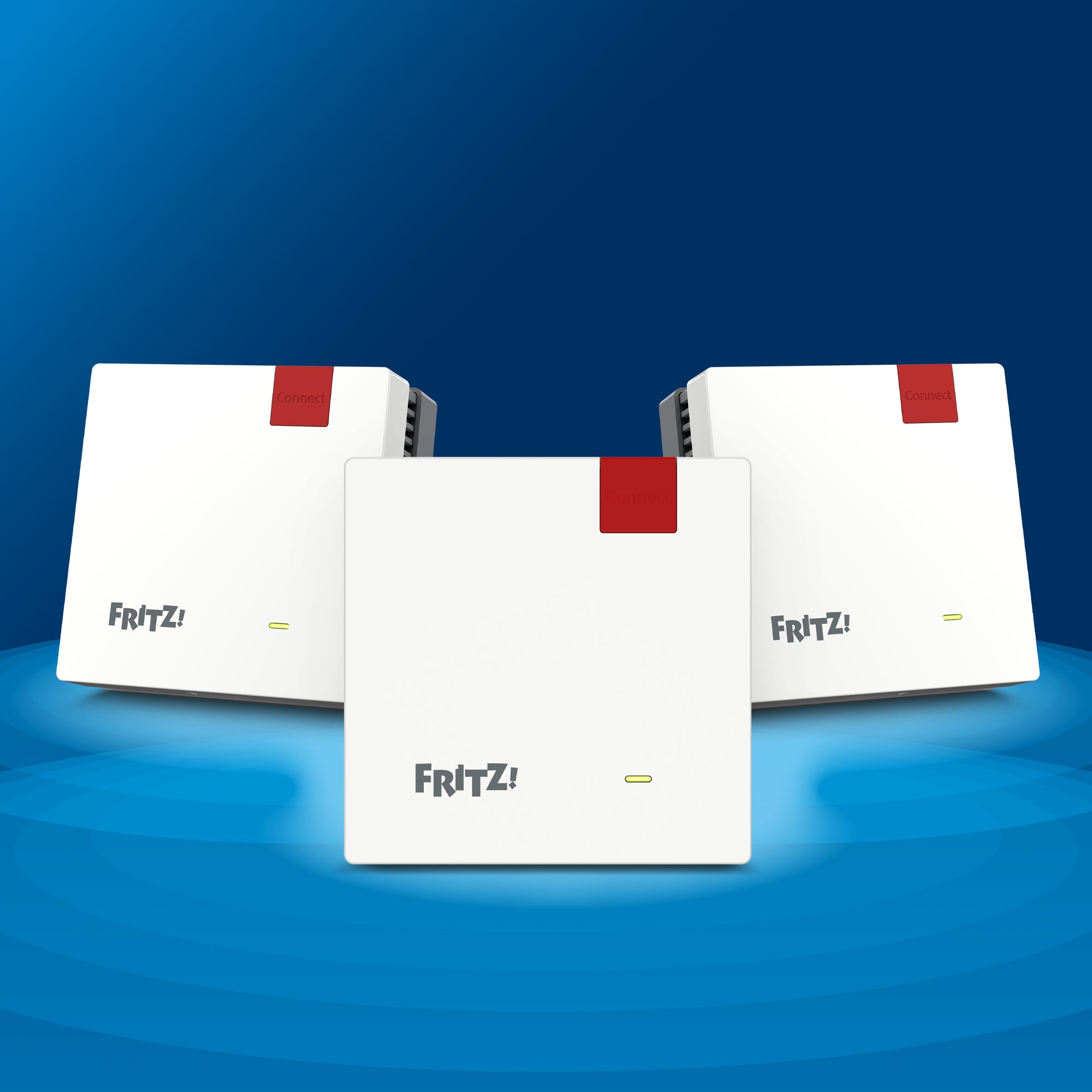 FRITZ!Mesh Set 1600, drei Mesh Repeater auf blauem Hintergrund