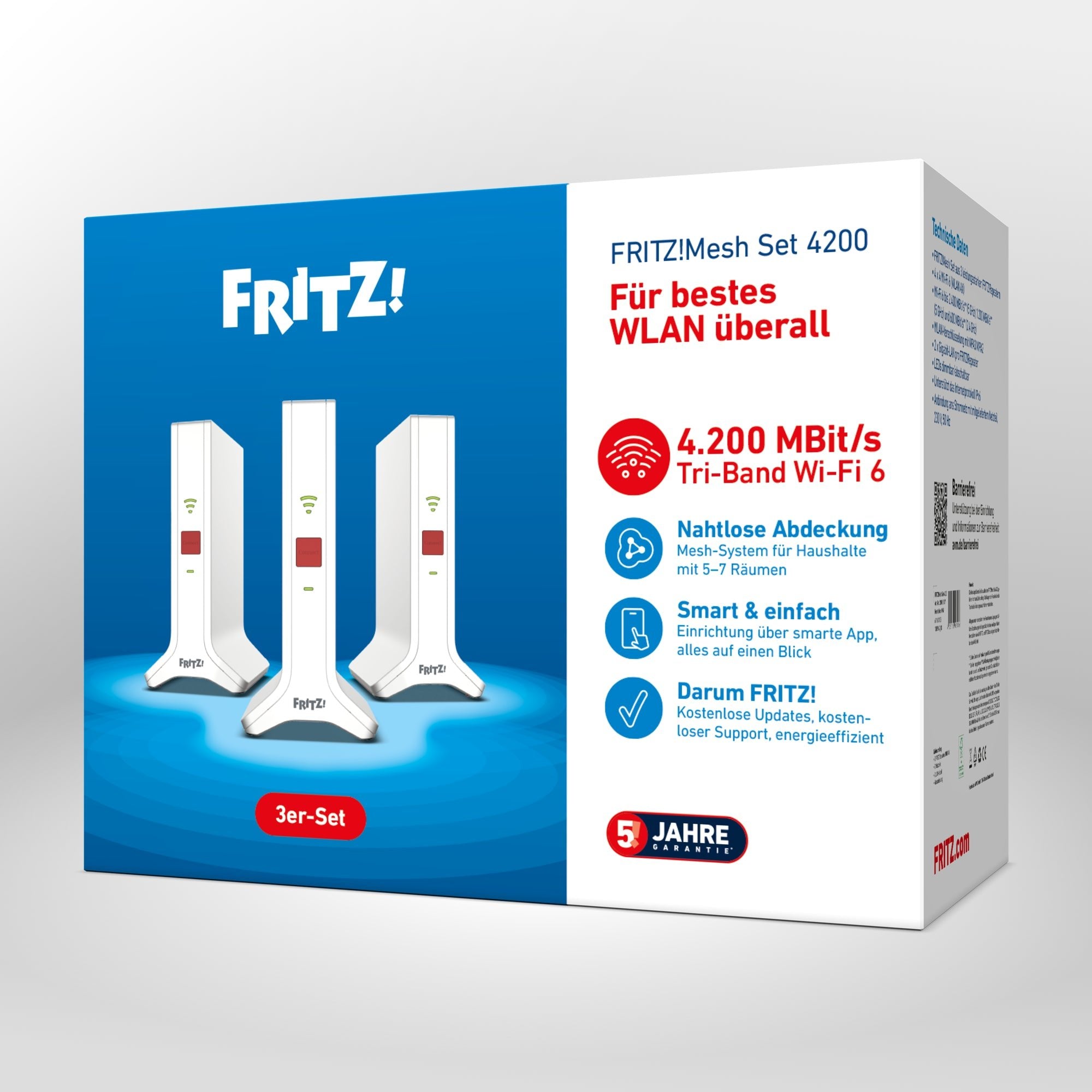 Verpackung von FRITZ!Mesh Set 4200 auf grauem Hintergrund