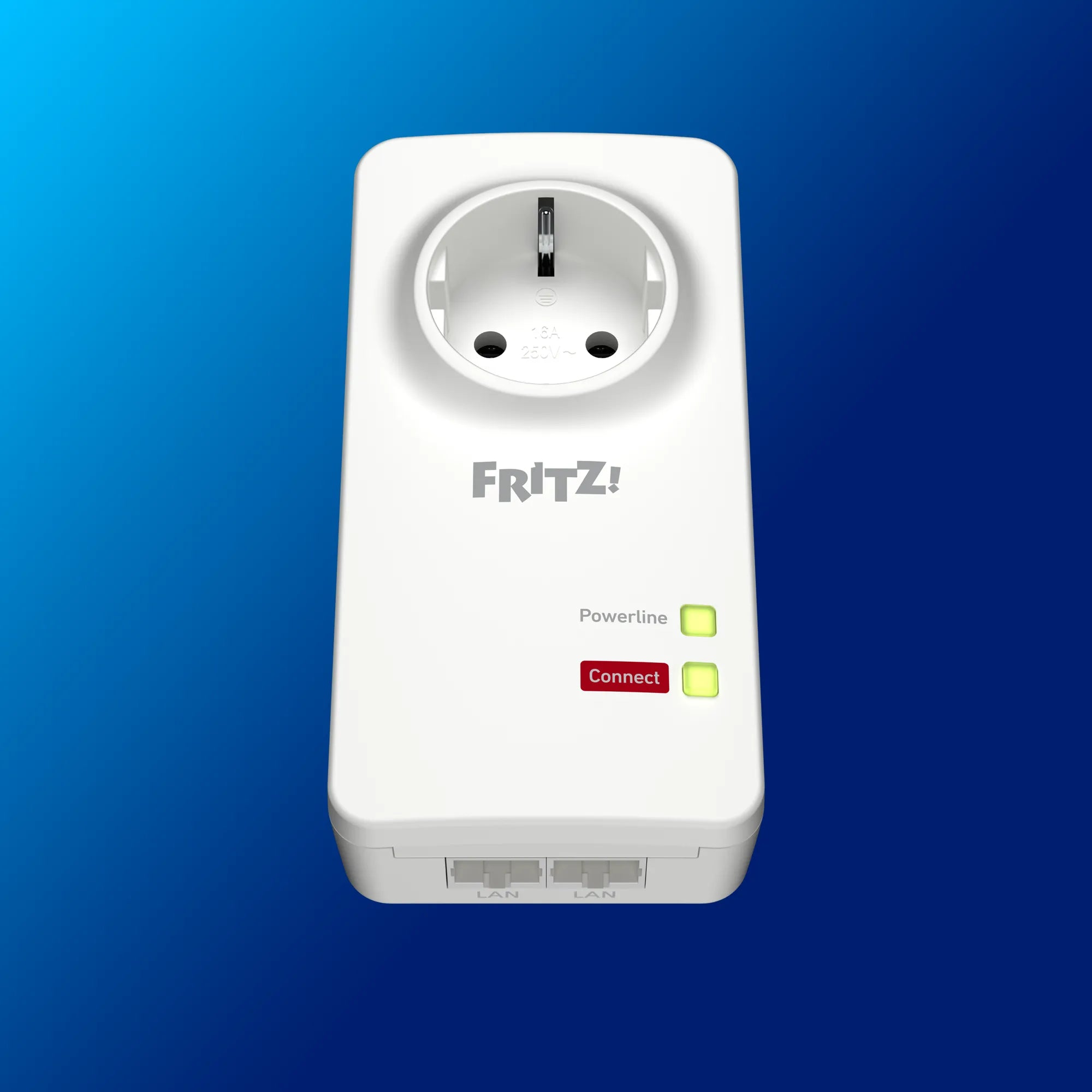 FRITZ!Powerline 1220 Powerline adapter with connect buttons on blue background.