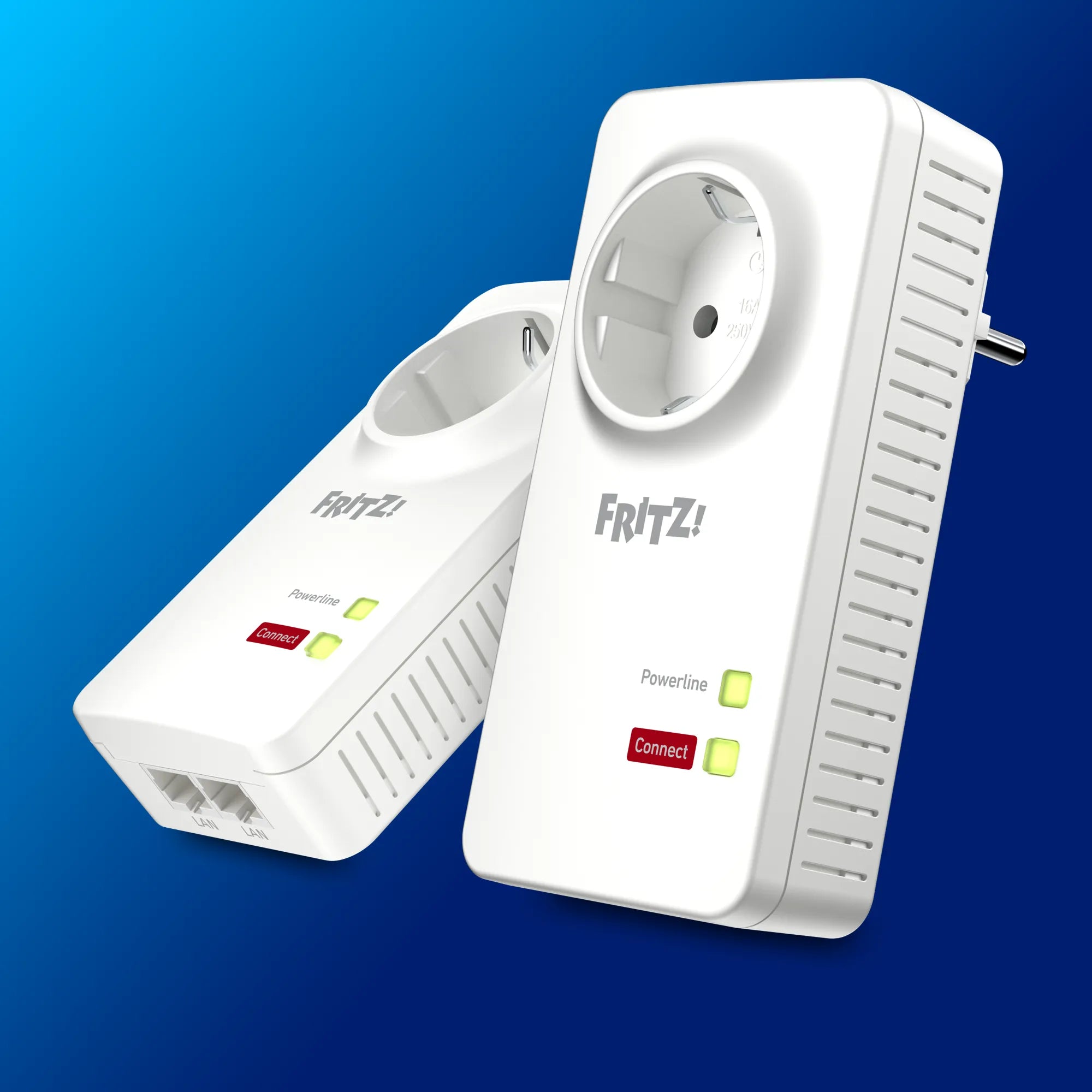 FRITZ!Powerline 1220 Set auf blauem Hintergrund