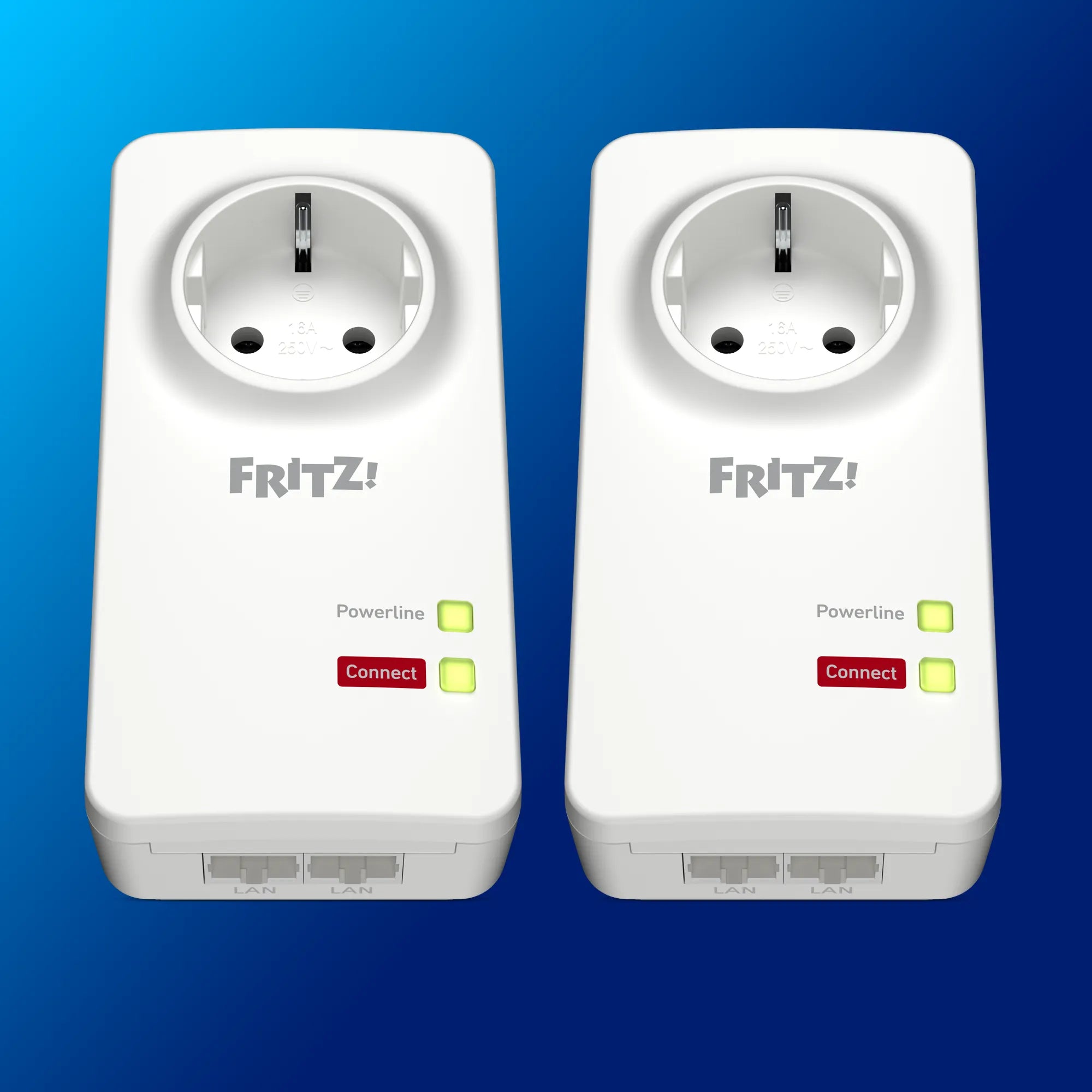 Fritz! Powerline Adapter Set mit zwei Steckdosen, ideal für die Internetverbindung über das Stromnetz.