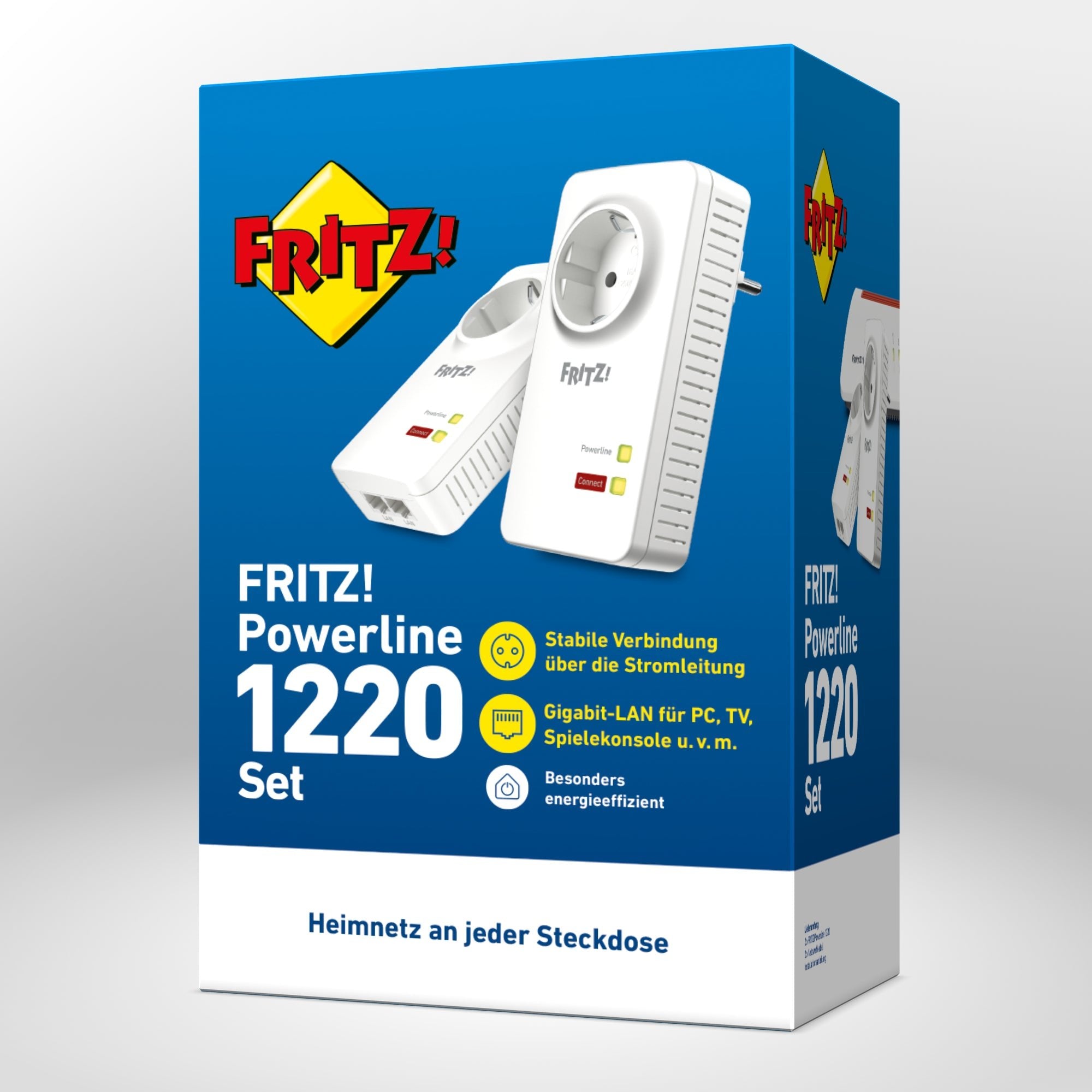 Verpackung von FRITZ!Powerline 1220 Set auf grauem Hintergrund