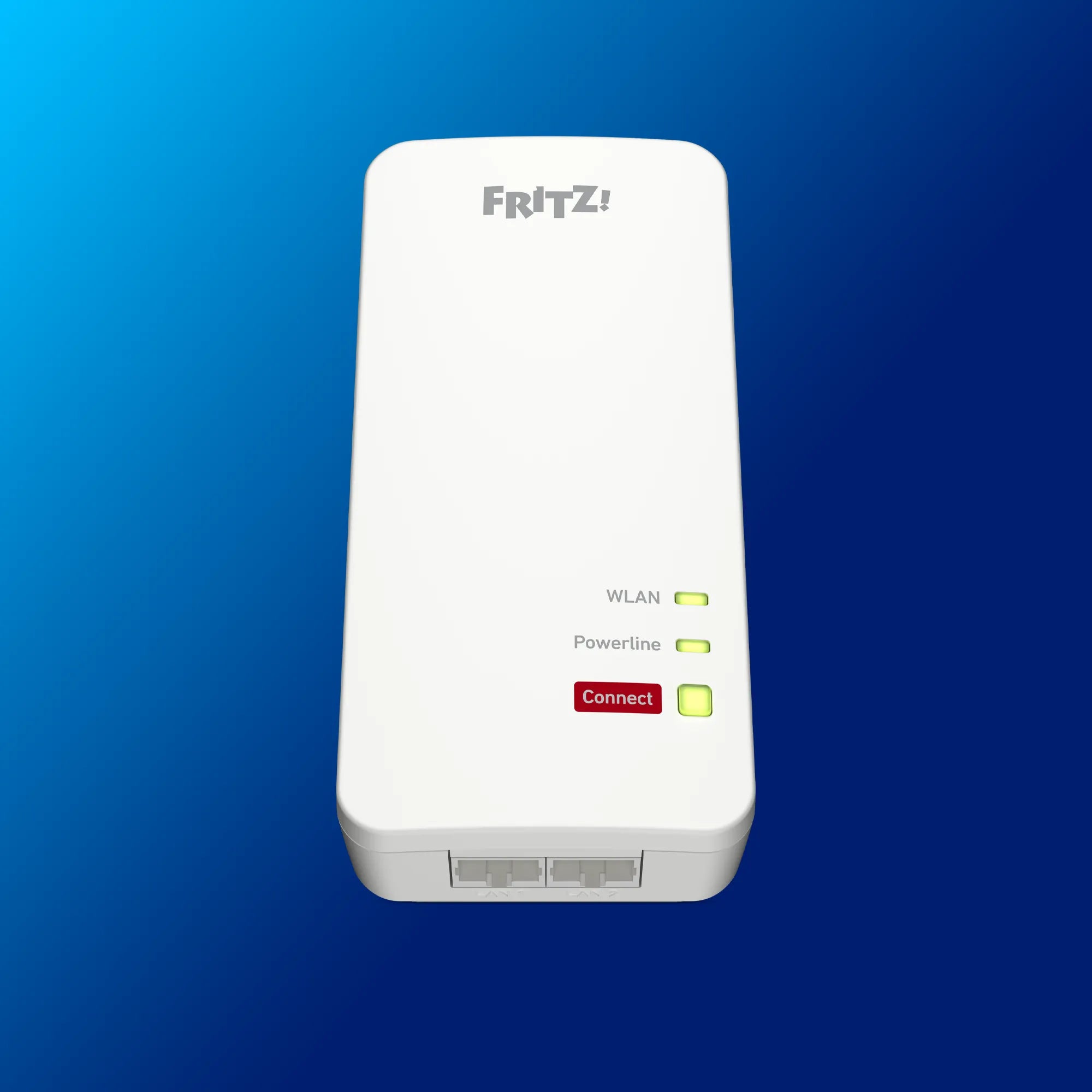 FRITZ!Powerline 1240 AX auf blauem Hintergrund mit WLAN- und Powerline-Anzeige