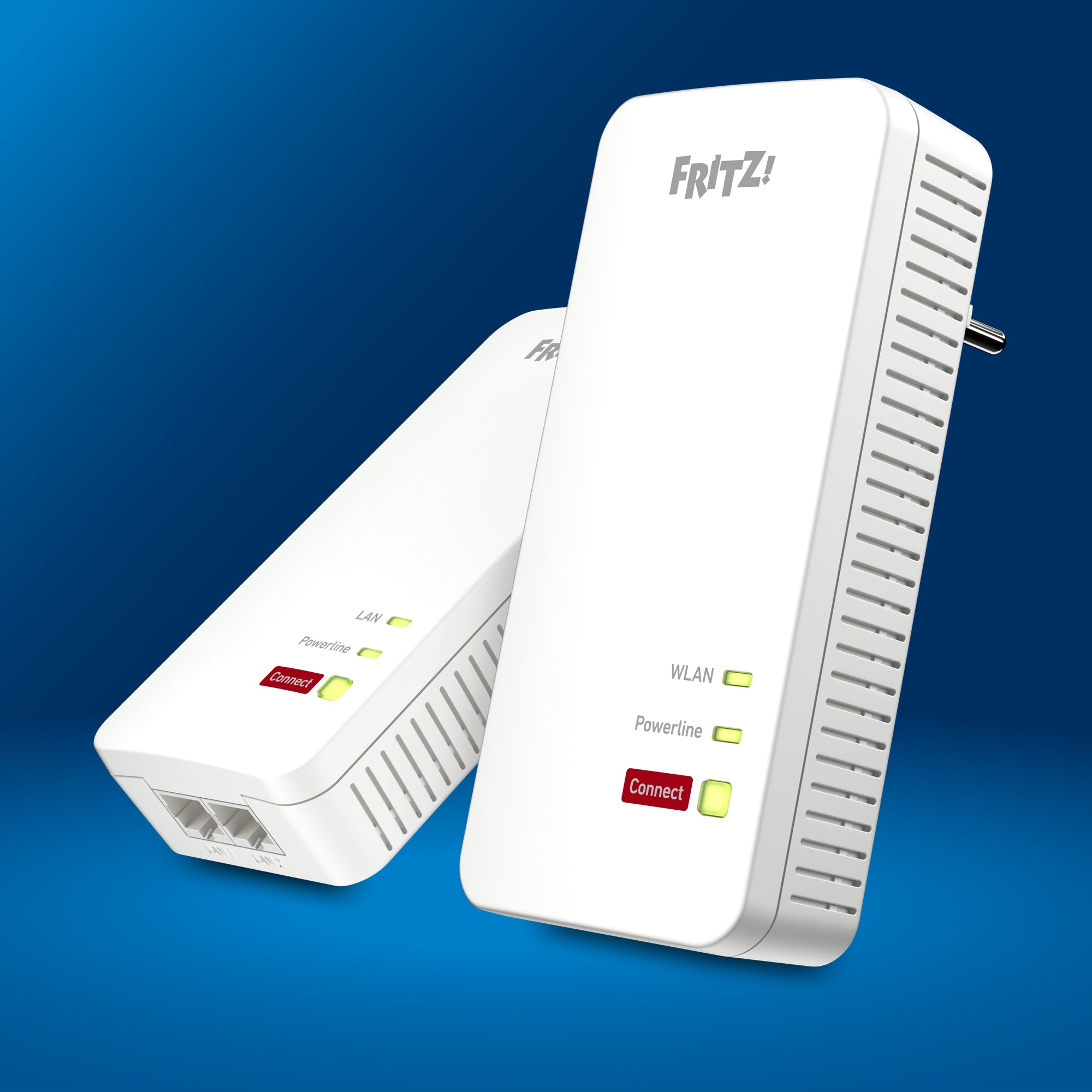 FRITZ!Powerline 1240 AX Set auf blauem Hintergrund
