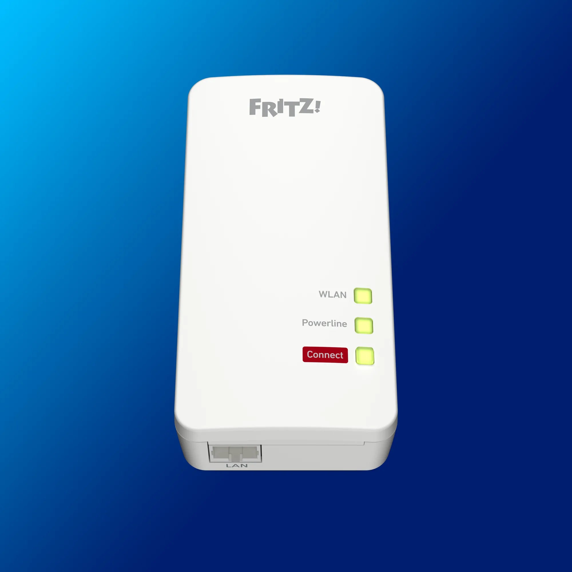 FRITZ!Powerline 1260 Gerät auf blauem Hintergrund mit WLAN und Powerline LED-Anzeigen.