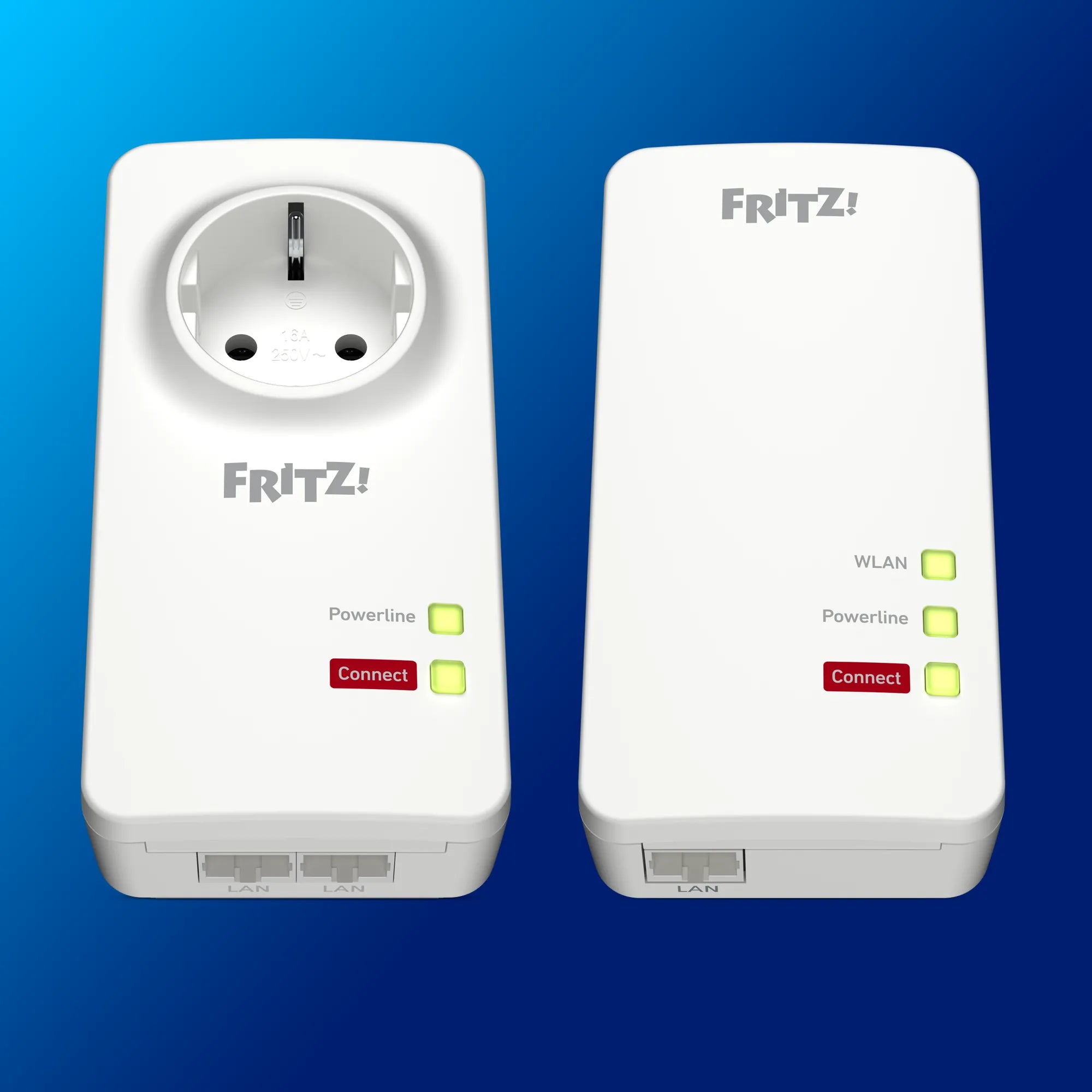 FRITZ!Powerline 1260 WLAN Set Adapter auf blauem Hintergrund