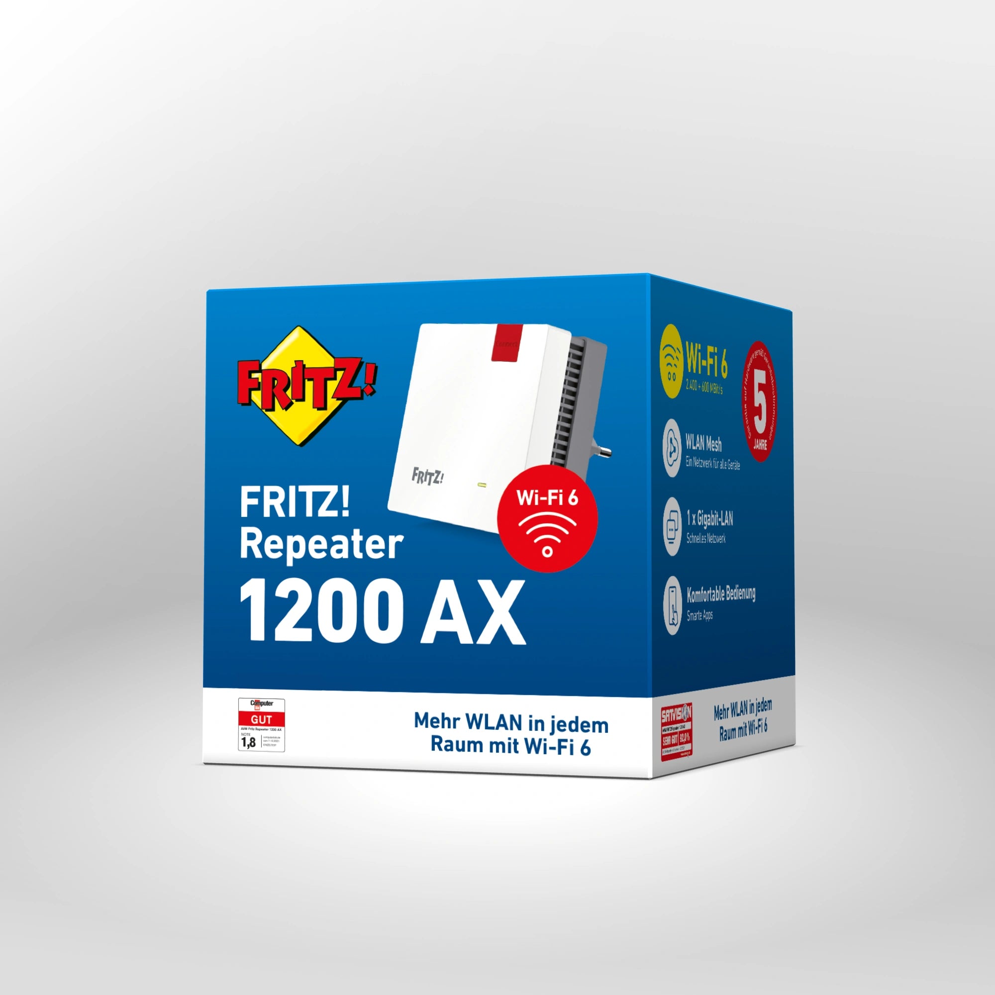Verpackung von FRITZ!Repeater 1200 AX auf grauem Hintergrund