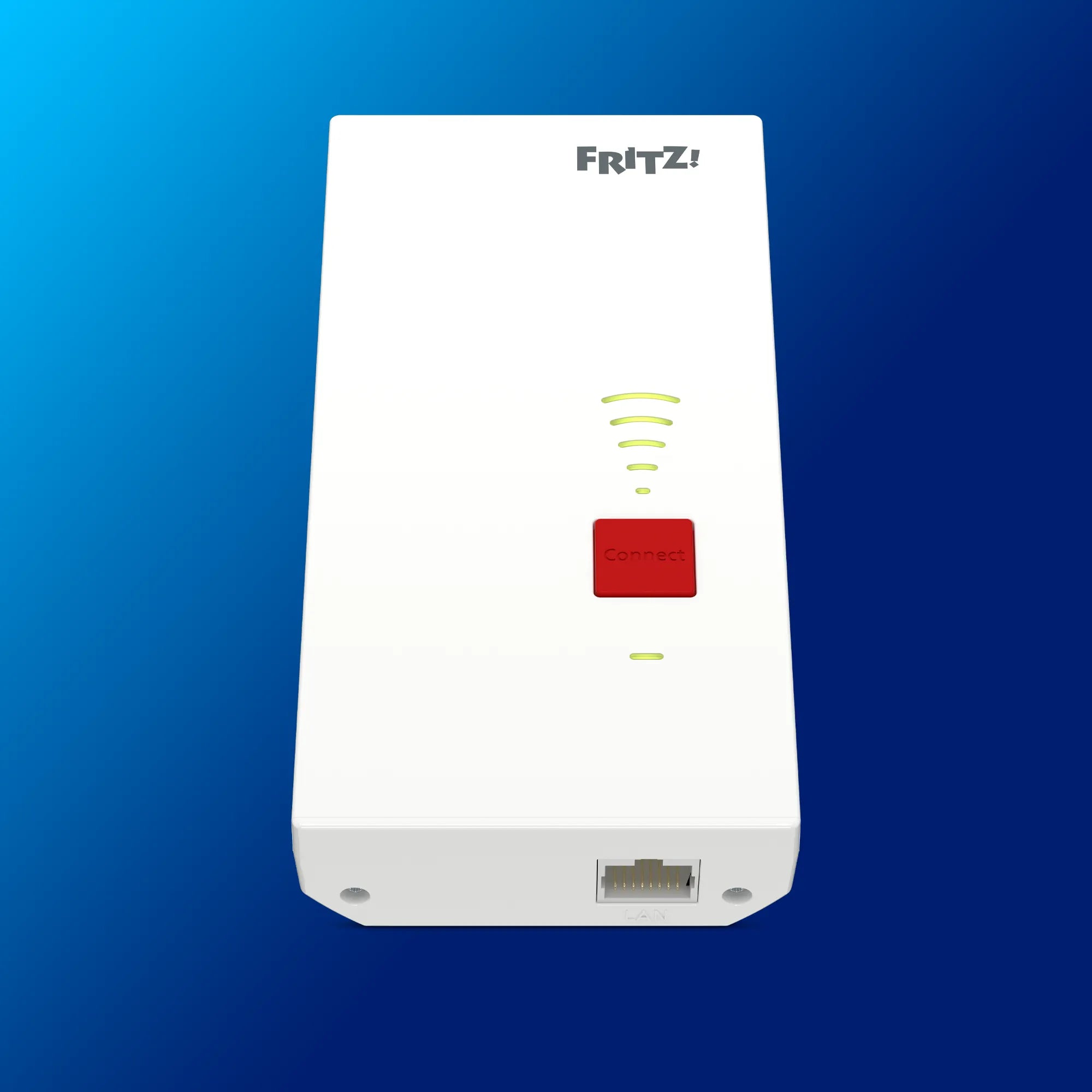 FRITZ!Repeater 2700 auf blauem Hintergrund mit WLAN-Signal-LED und Connect-Taste