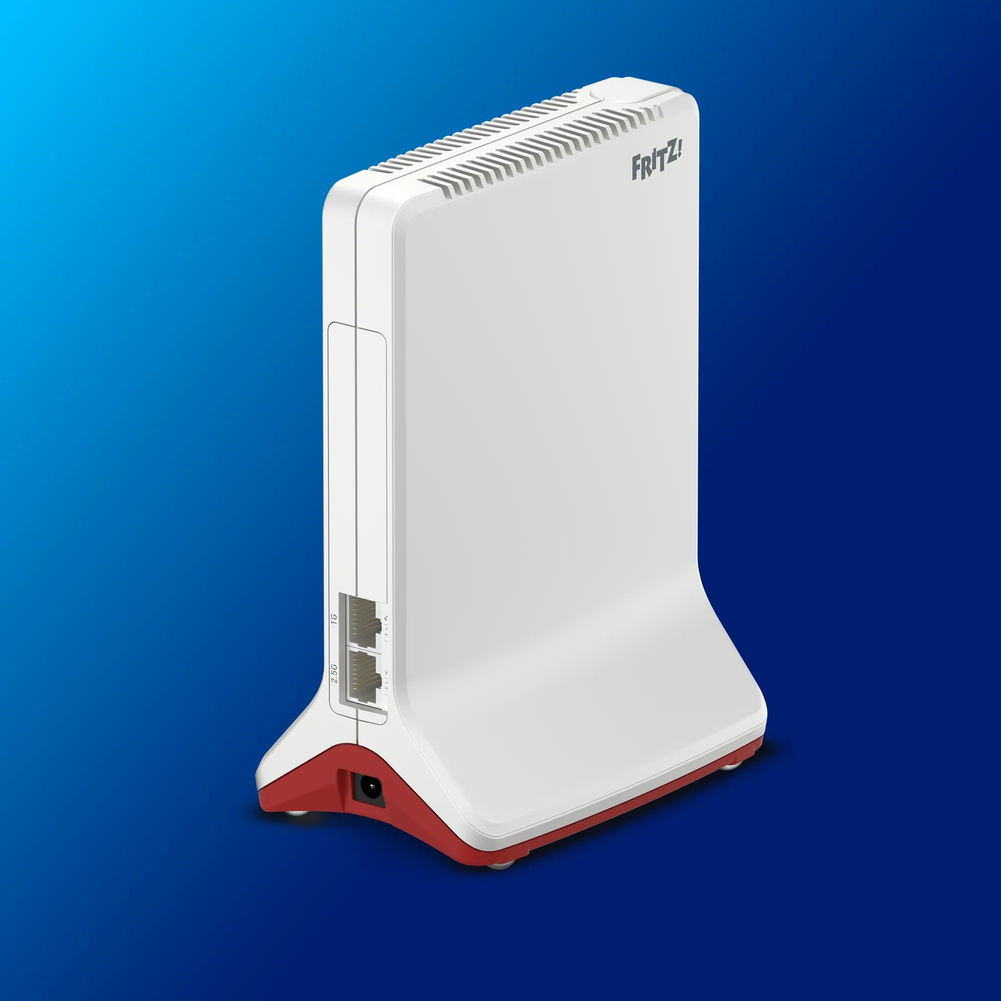 FRITZ!Repeater 6000 auf blauem Hintergrund, Hochgeschwindigkeits-WLAN-Repeater mit 6 GBit/s.