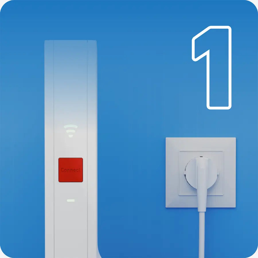 Modem mit WLAN-Signal und Steckdose, zeigt den ersten Schritt zur Internetverbindung auf einem blauen Hintergrund.