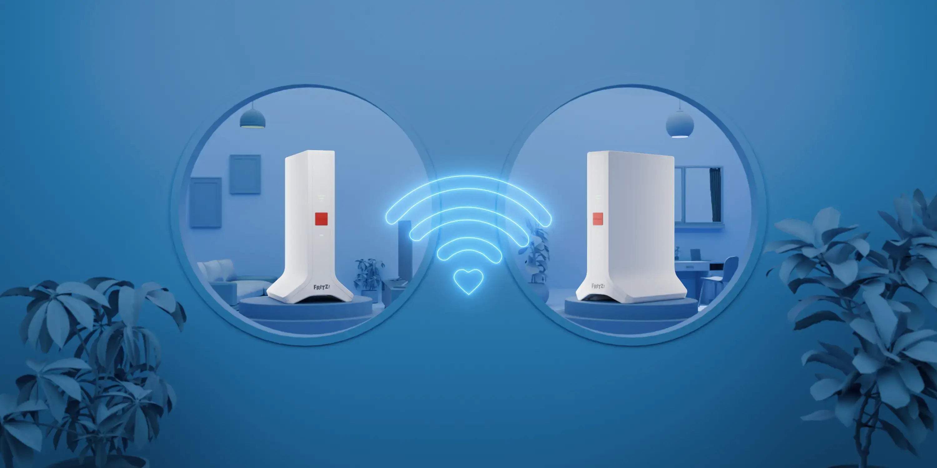 Moderne Geräte im Innenraum, verbunden durch WLAN-Symbol, blaues Design mit Pflanzen im Vordergrund.