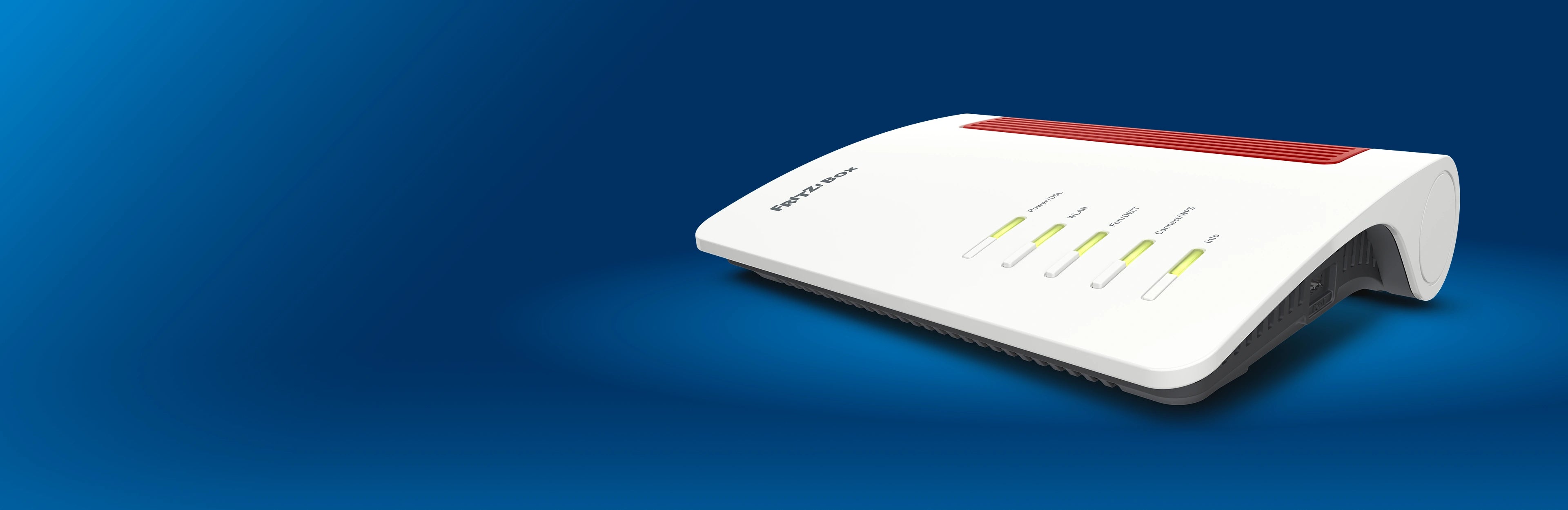 Router mit LEDs auf blauem Hintergrund, ideal für schnelle Internetverbindungen und Netzwerkzugang.