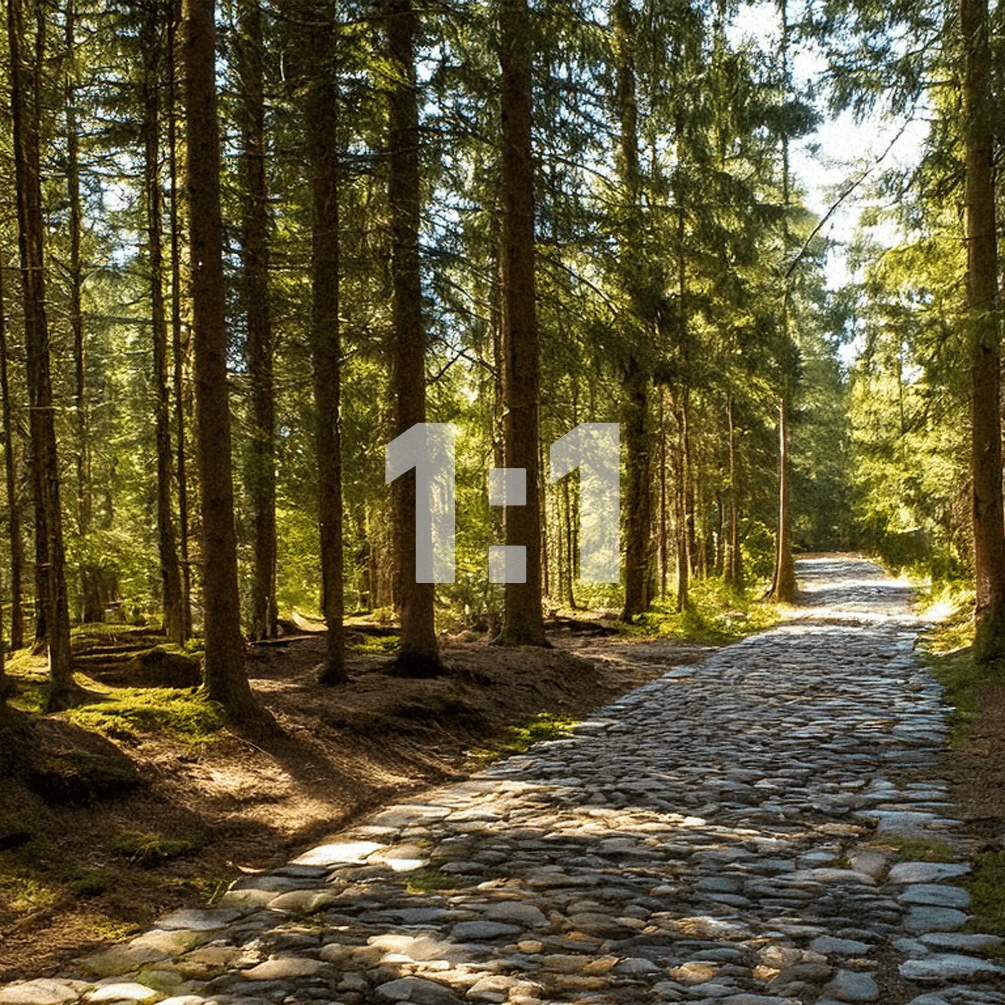 Schöner Waldweg mit Steinpflaster im Grünen, umgeben von hohen Bäumen und Sonnenlicht.