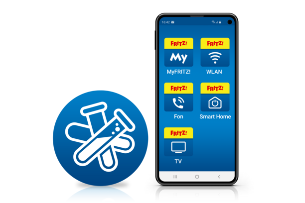 Smartphone mit FRITZ! App für WLAN, Smart Home und TV-Steuerung, Symbol für MyFRITZ! und Funktionen.