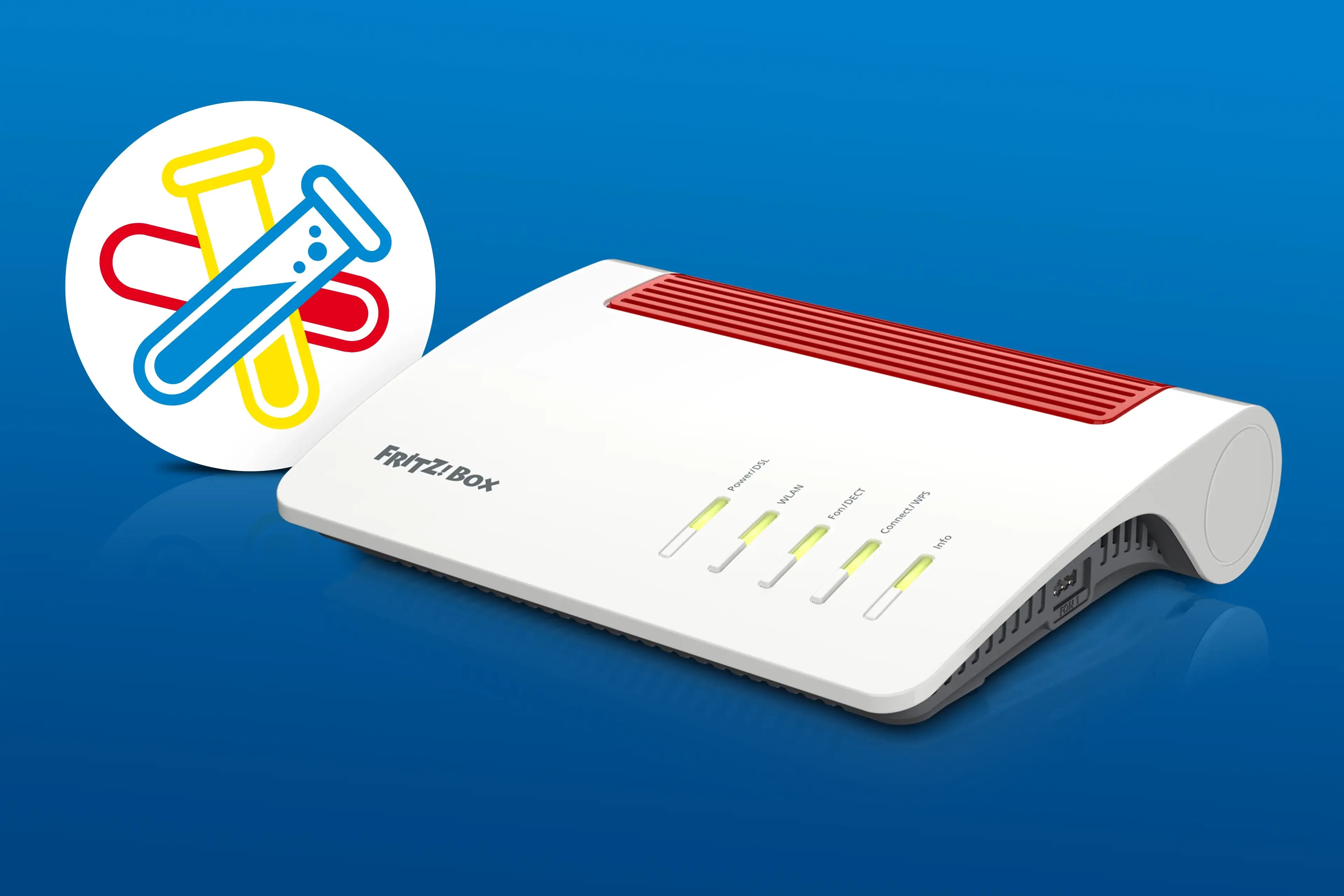AVM Fritz!Box Modem mit Wissenschafts-Icon, ideal für stabile Internetverbindungen.